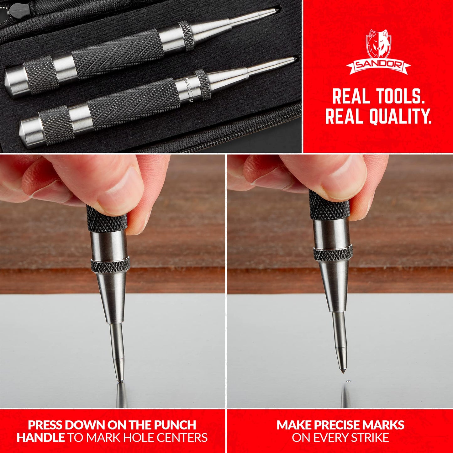 Heavy Duty Automatic Center Punch - 2-Pack Spring-Loaded Steel Hand Tool for Machinists & Carpenters with Adjustable Knurled Cap & Case