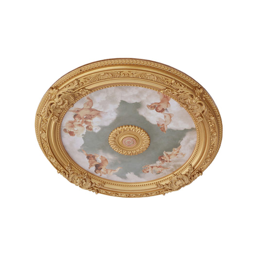 AFD Home Antique Cherubs Ceiling Medallion, Sky Blue & Gold Trim Round Chandelier Plate, 36” Decorative Polystyrene Ceiling Molding