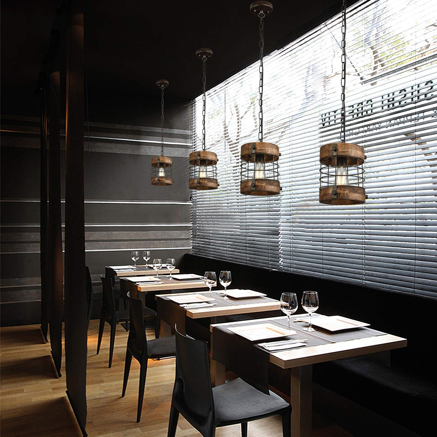 wochos Retro Industrial 1-Light Metal & Wood Cage Pendant Light, Round Chandelier for Kitchen, Dining, Foyer, Hallway, Bar (Brown)