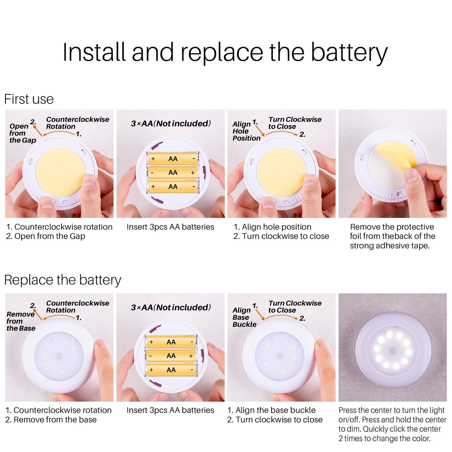 STAR-SPANGLED 4-Pack 3.1” Dimmable LED Push Tap Lights, AA Battery, 3 Colors, Stick-On Touch Puck Lamps for Kitchen, Closet, Classroom