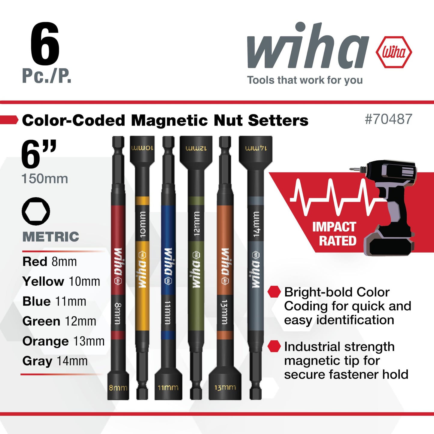 Wiha 70487 6 Piece Color Coded Magnetic Nut Setter Metric Set