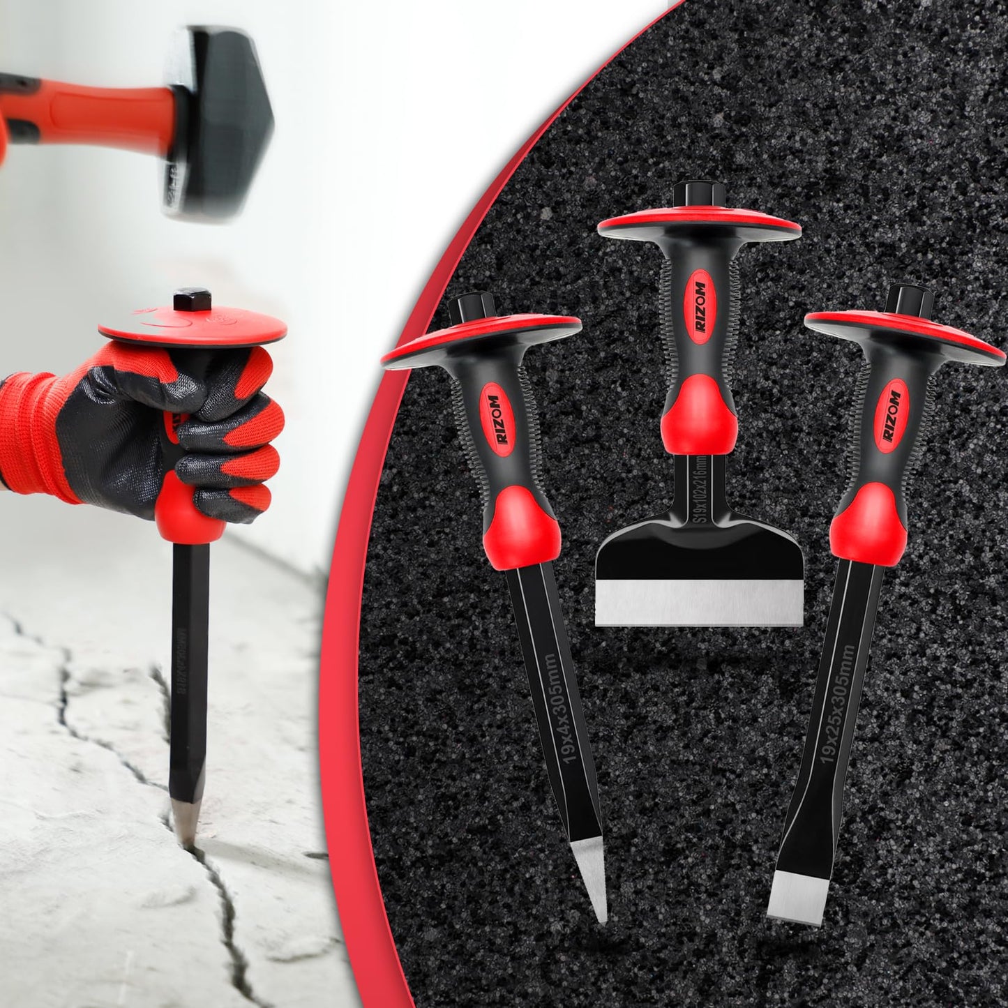 Rizom Chisel Set with Hand Protection, 3 Pcs Stone and Rock Chisel, Heavy Duty Masonry Tools including 11-Inch Point and Flat, 8-Inch Brick