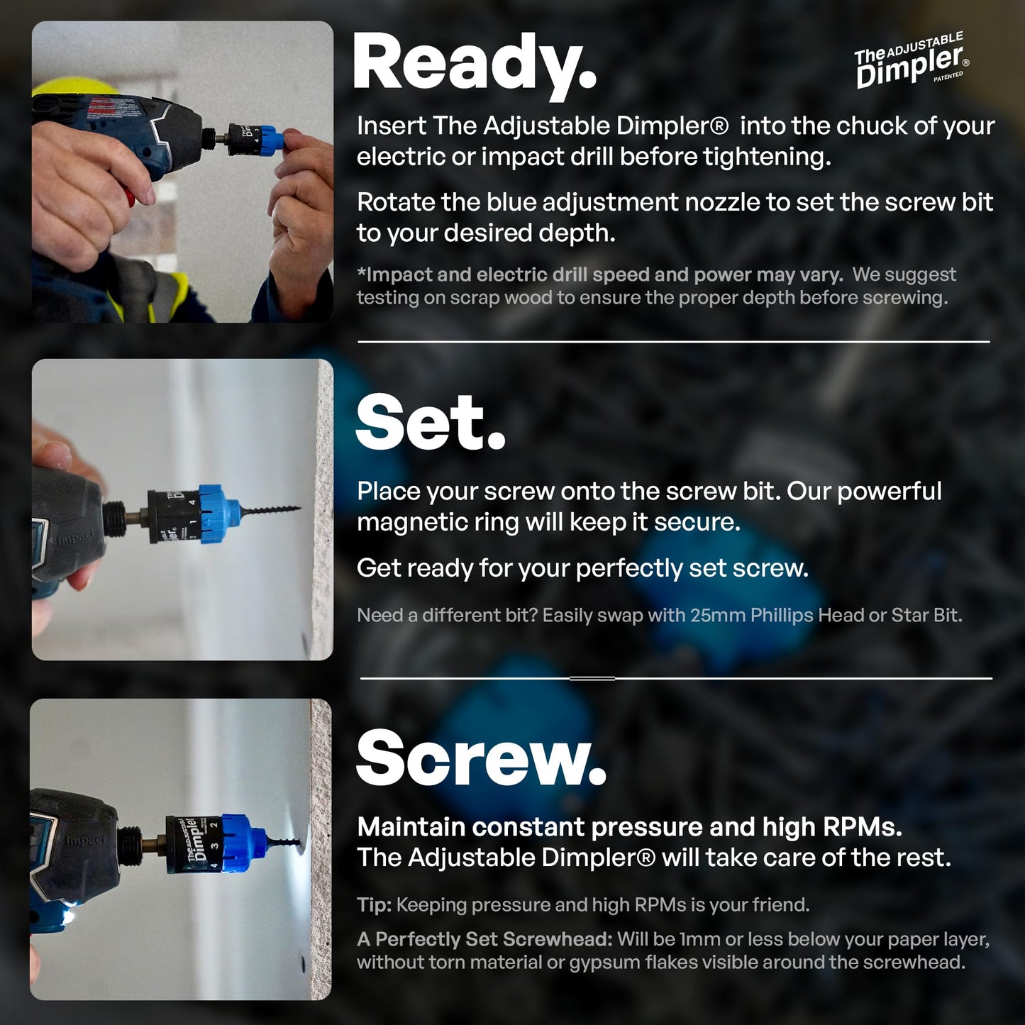 Adjustable DIMPLER® Drywall Bit & Screw Gun Attachment – Converts Drill into Drywall Screw Gun or Deck Screwdriver, Magnetic Bit Holder for Fast, Accurate Installation