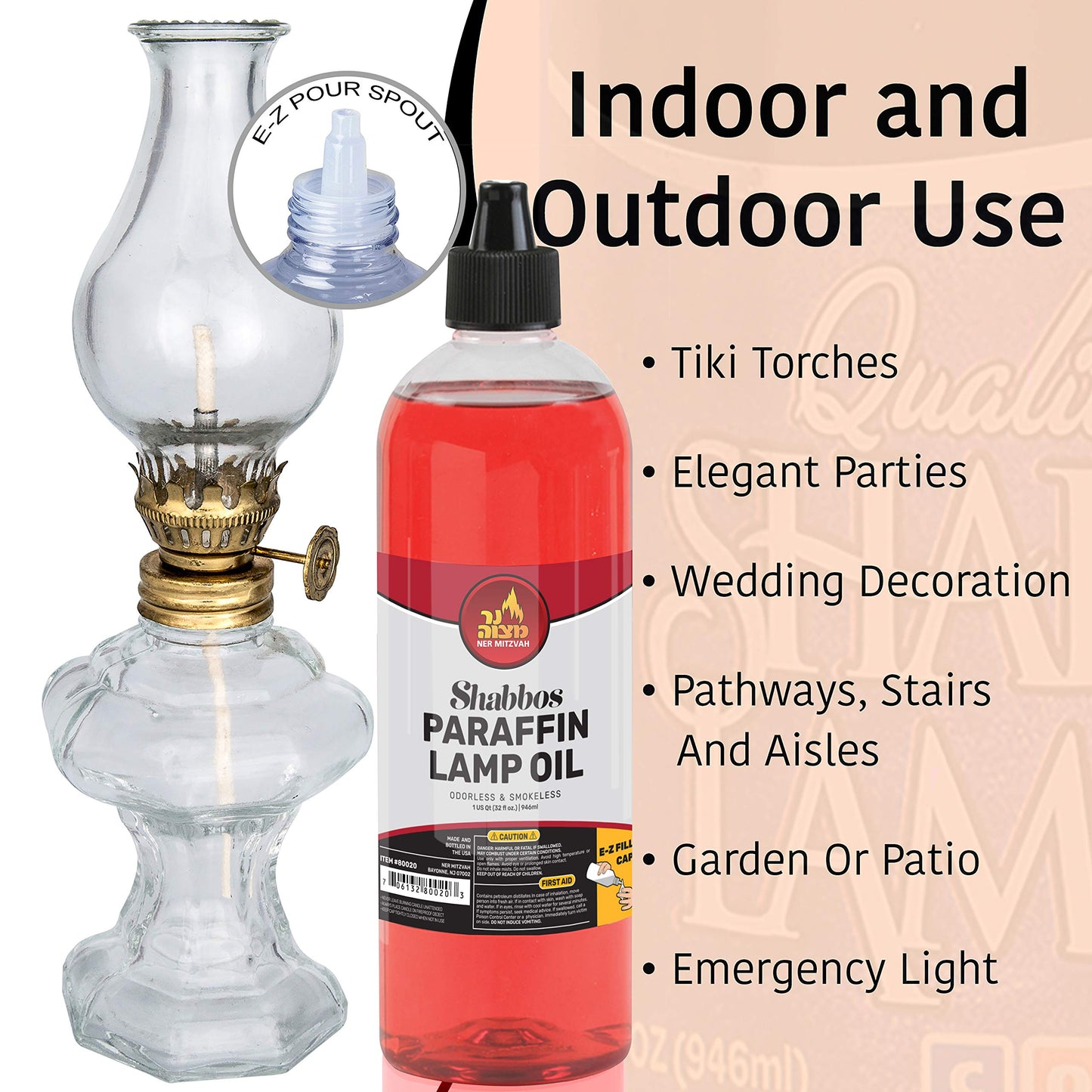 Ner Mitzvah Paraffin Lamp Oil, Red Smokeless, Odorless, Clean Burning Fuel for Indoor and Outdoor, Use with E - Z Fill Cap and Pouring Spout, 32oz