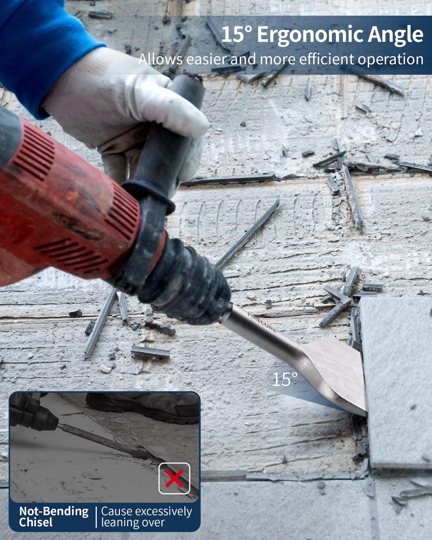 Firecore SDS Plus 3" x 6.5" Cranked Tile Removal Chisel, Alloy Steel Shovel Bit for Ceramic Tile, Cement, Thinset Mortar - FS18365