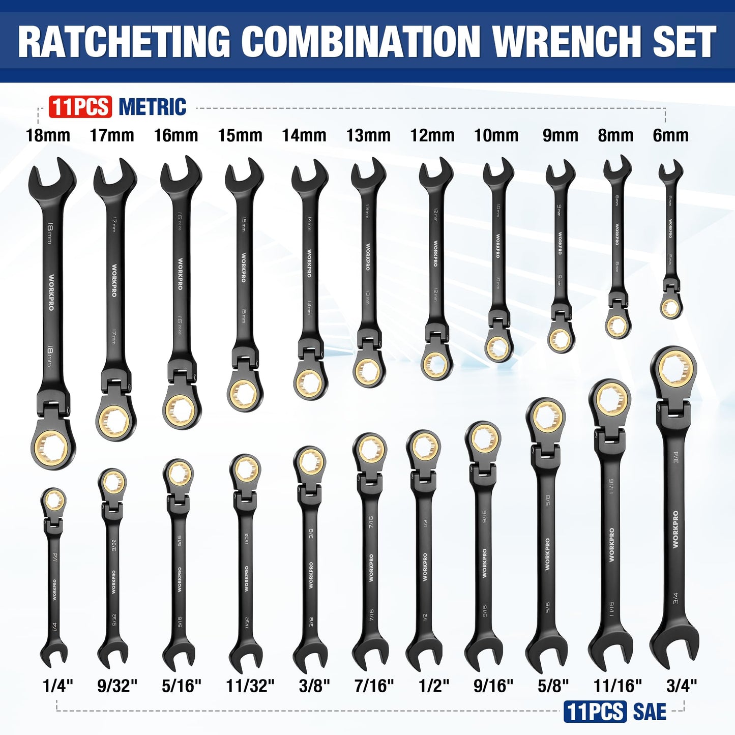 WORKPRO 22-Piece Ratcheting Wrench Set, 180° Flex Head, Anti-Slip, Metric & SAE, Combination Wrenches with Organizer Box, Black