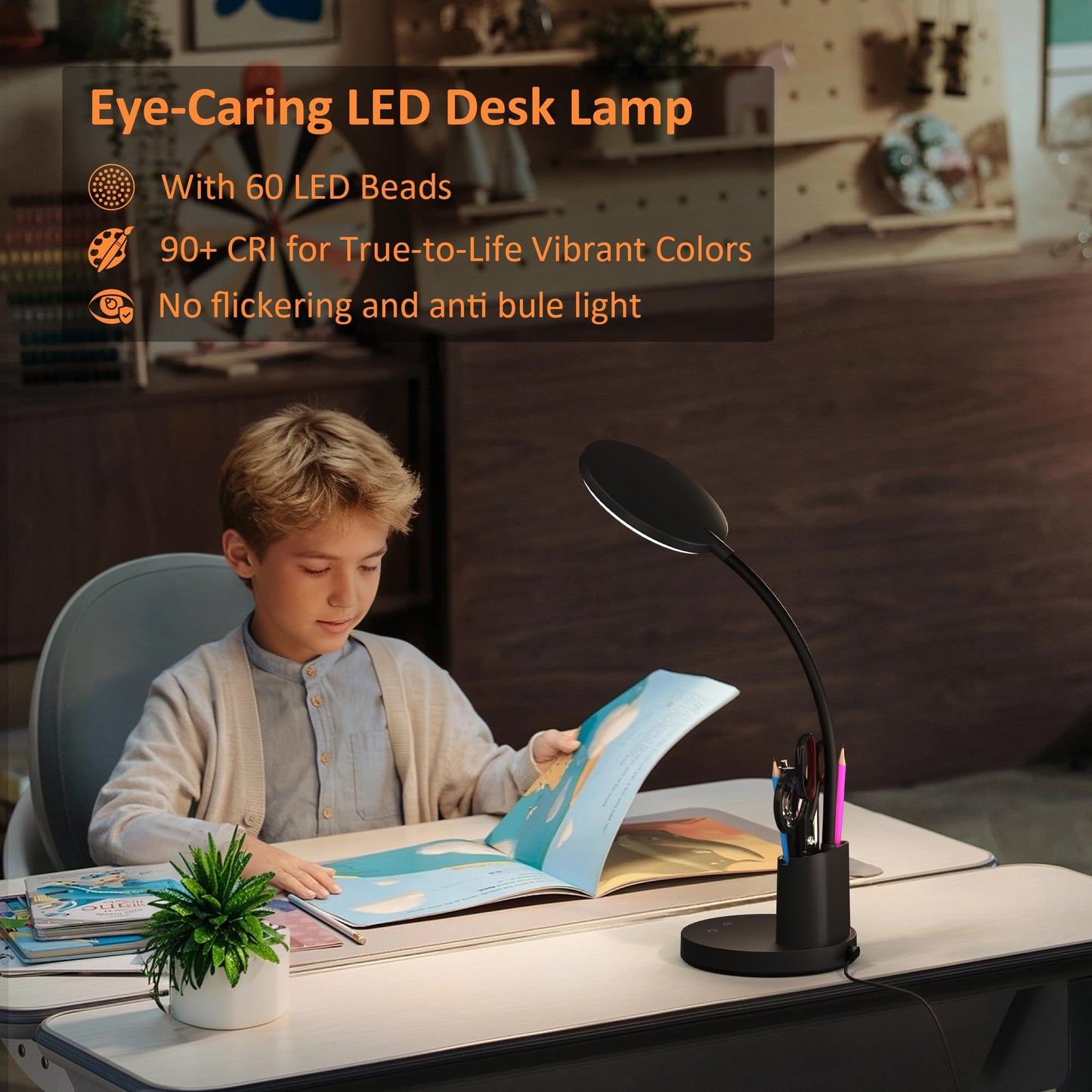 Vicsoon LED Desk Lamp for Home Office, Touch Control, 3 Color Modes, Dimmable 360° Adjustable Arm, Pen & Phone Holder, Black