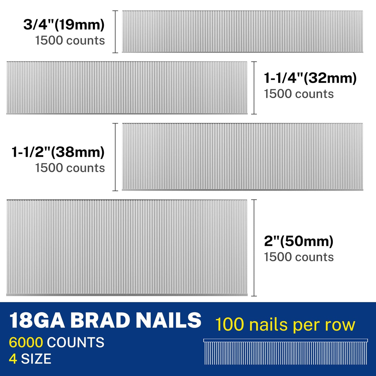 WORKPRO 18 Gauge Brad Nails, 2'',1-1/2'',1-1/4'', 3/4'' 6000 Count Universal Brad Nails for Pneumatic, Electric Brad Nailer
