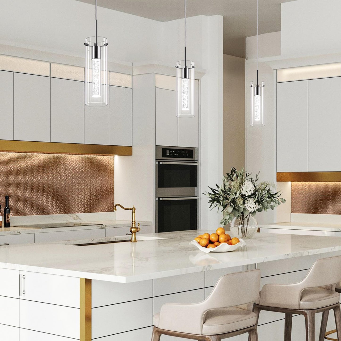 Esfos 1-Light LED Pendant Ceiling Light, Modern Crystal Bubble Glass Hanging Fixture for Kitchen Island, 3-Pack