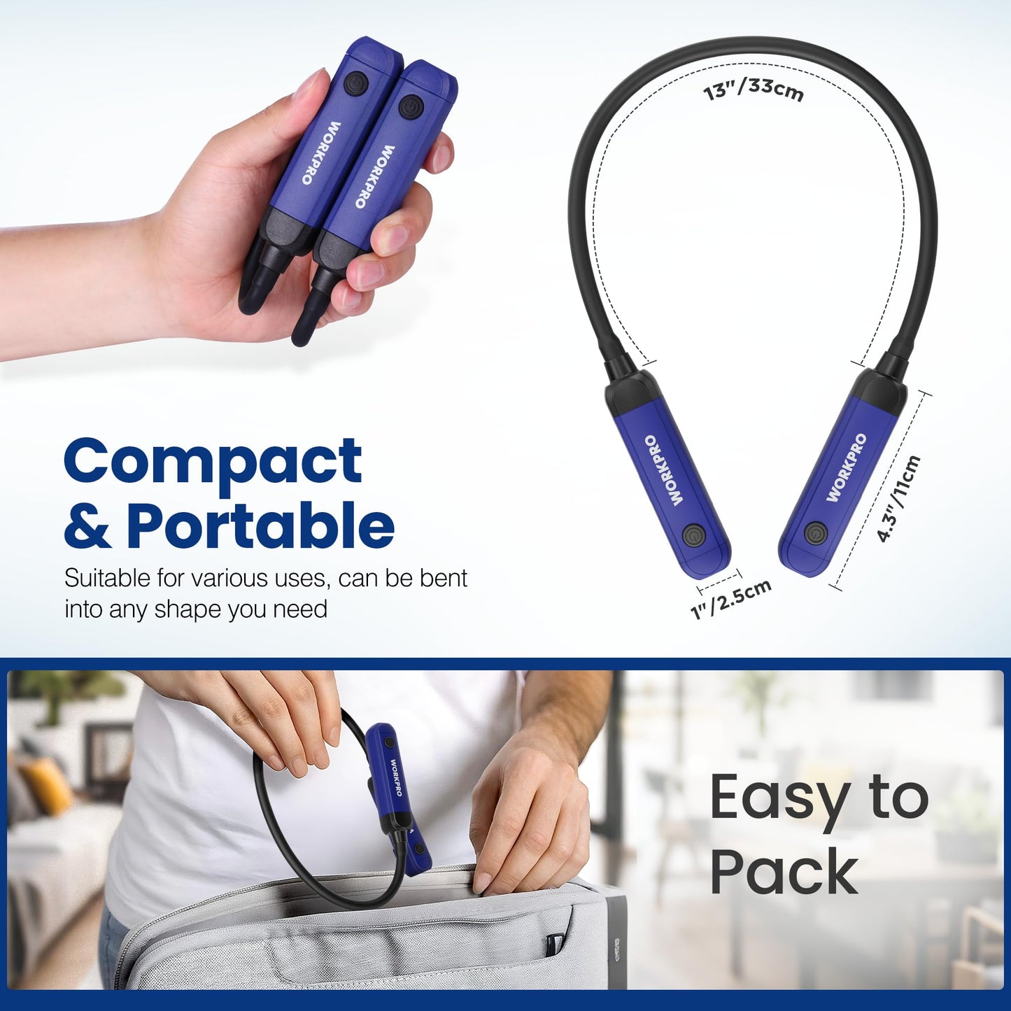 WORKPRO Rechargeable Neck Light – 300 Lumens, 3 Brightness Levels, Bendable Silicone Arm, Hands-Free for Reading, Camping, DIY, Blue/Black