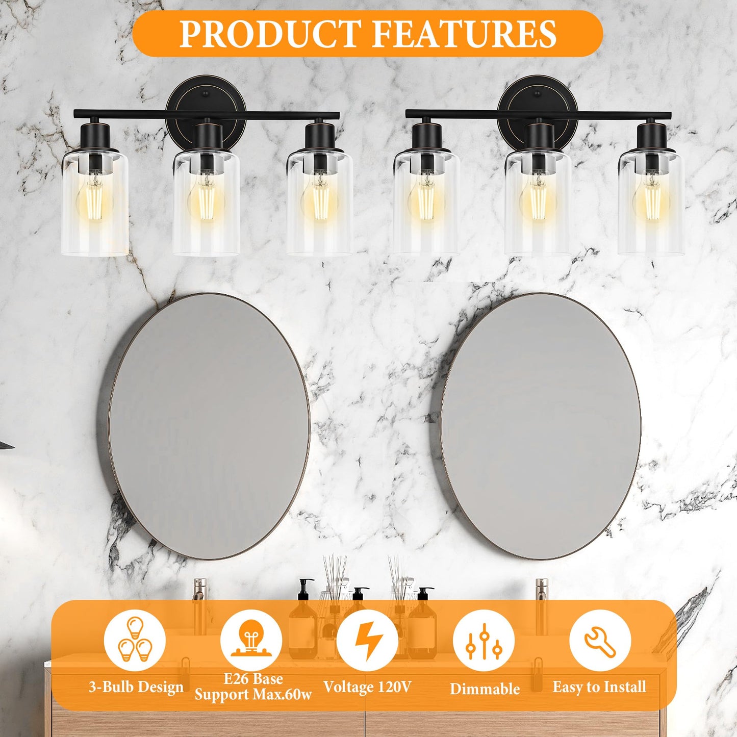 Faymart 3-Light Oil Rubbed Bronze Bathroom Vanity Light Fixture, Wall Sconce Over Mirror, Three-Bulb Lighting for Sink