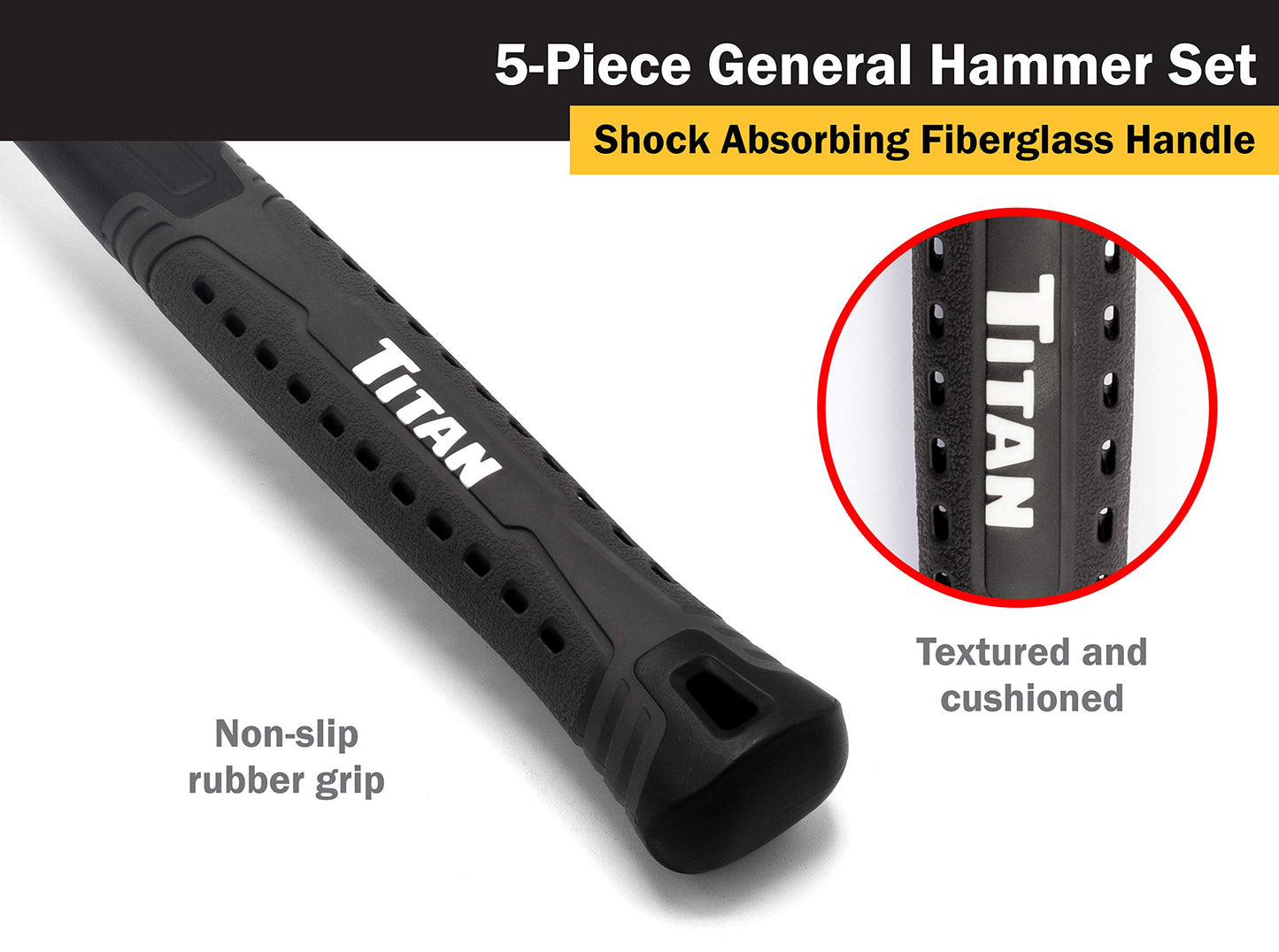 Titan 63125 5-Piece Hammer Set – Ball Pein, Rubber Mallet, Sledge & Cross Pein Hammers with Shock-Absorbing Fiberglass Handles