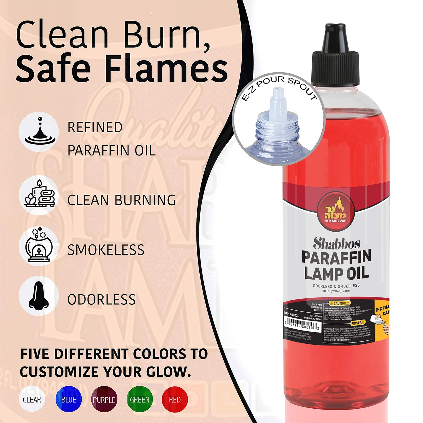 Ner Mitzvah Paraffin Lamp Oil, Red Smokeless, Odorless, Clean Burning Fuel for Indoor and Outdoor, Use with E - Z Fill Cap and Pouring Spout, 32oz