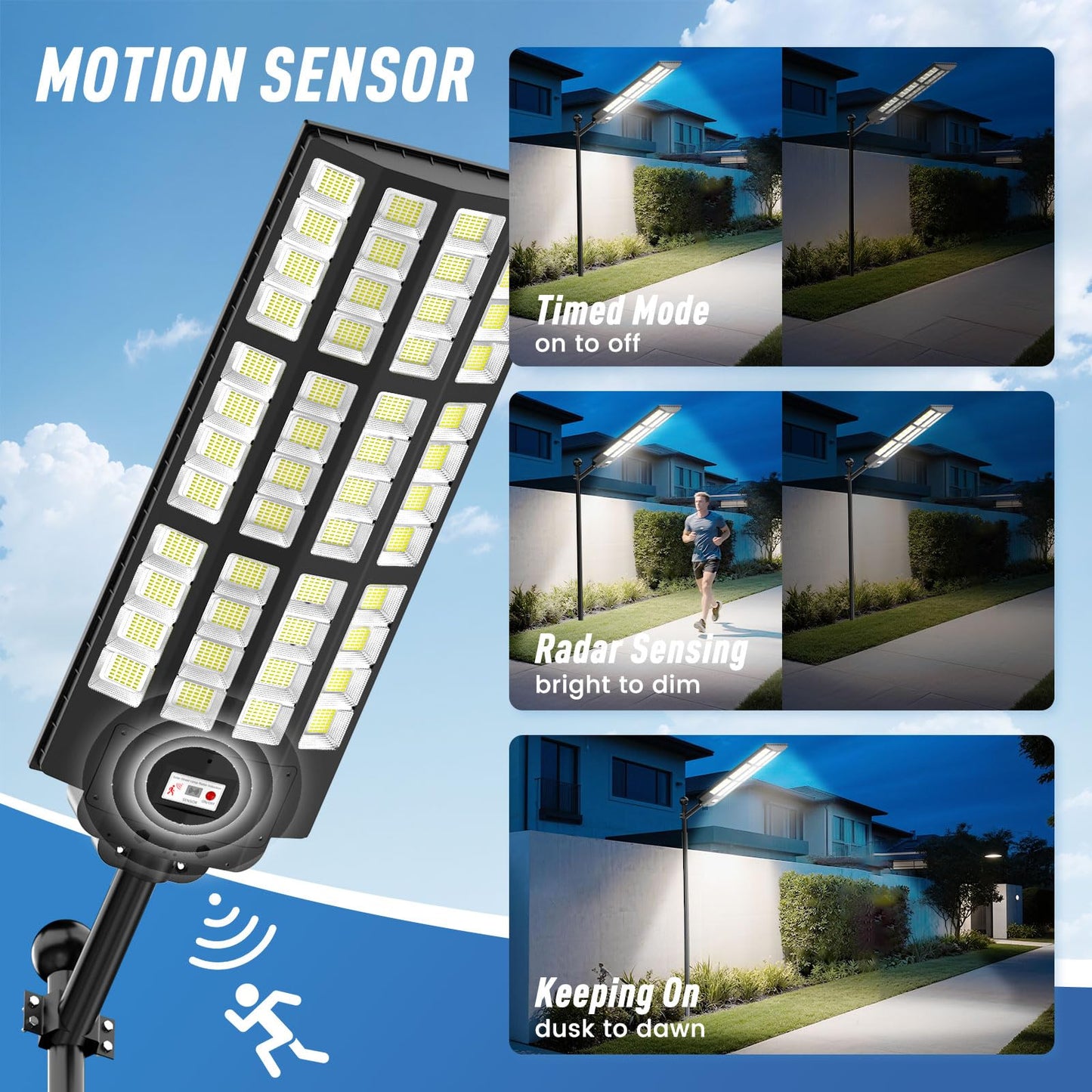 ZIZIWIN 15000W Solar Street Light Outdoor Waterproof, Motion Sensor & Remote, Heavy Duty Pole/Wall Mount for Yard, Driveway, Garage