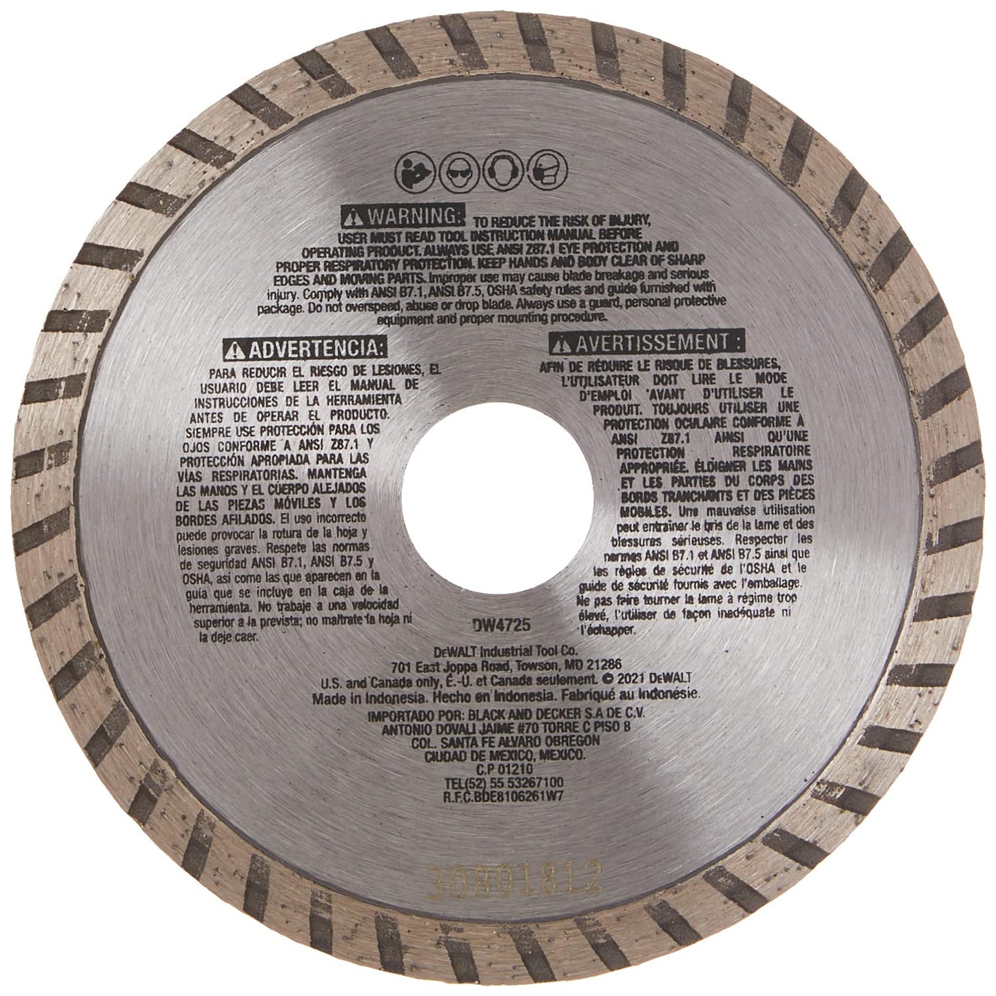 DEWALT Diamond Blade for Masonry, Dry Cutting, Continuous Rim, 7/8-Inch Arbor, 4-1/2-Inch (DW4725)