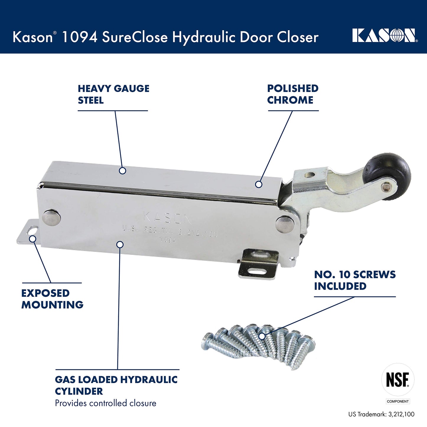 Kason 1094 SureClose Hydraulic Door Closer, Exposed Mounting, 11094000003