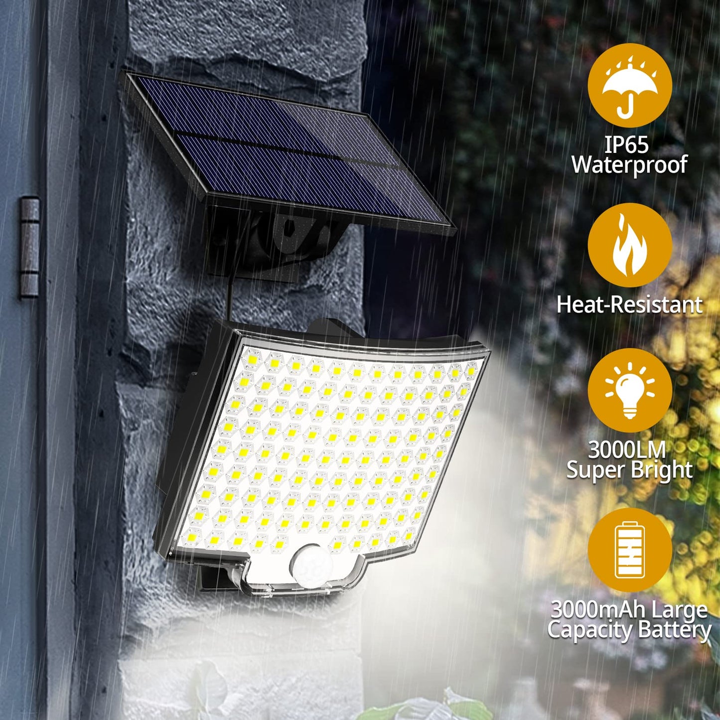 Solar Lights Outdoor 2 Pack, 106 LED 3000LM Motion Sensor Flood Lights with Remote, Dusk-to-Dawn, IP65 Waterproof for Garage/Yard