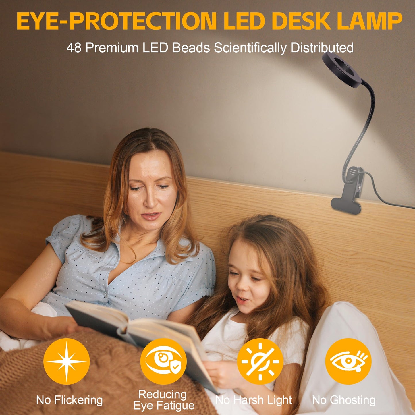 Foneso 48 LED Clip-On Desk Lamp, USB Rechargeable, 3 Colors & 10 Brightness Levels, 360° Flexible, Eye-Care Night Light for Reading & Crafts