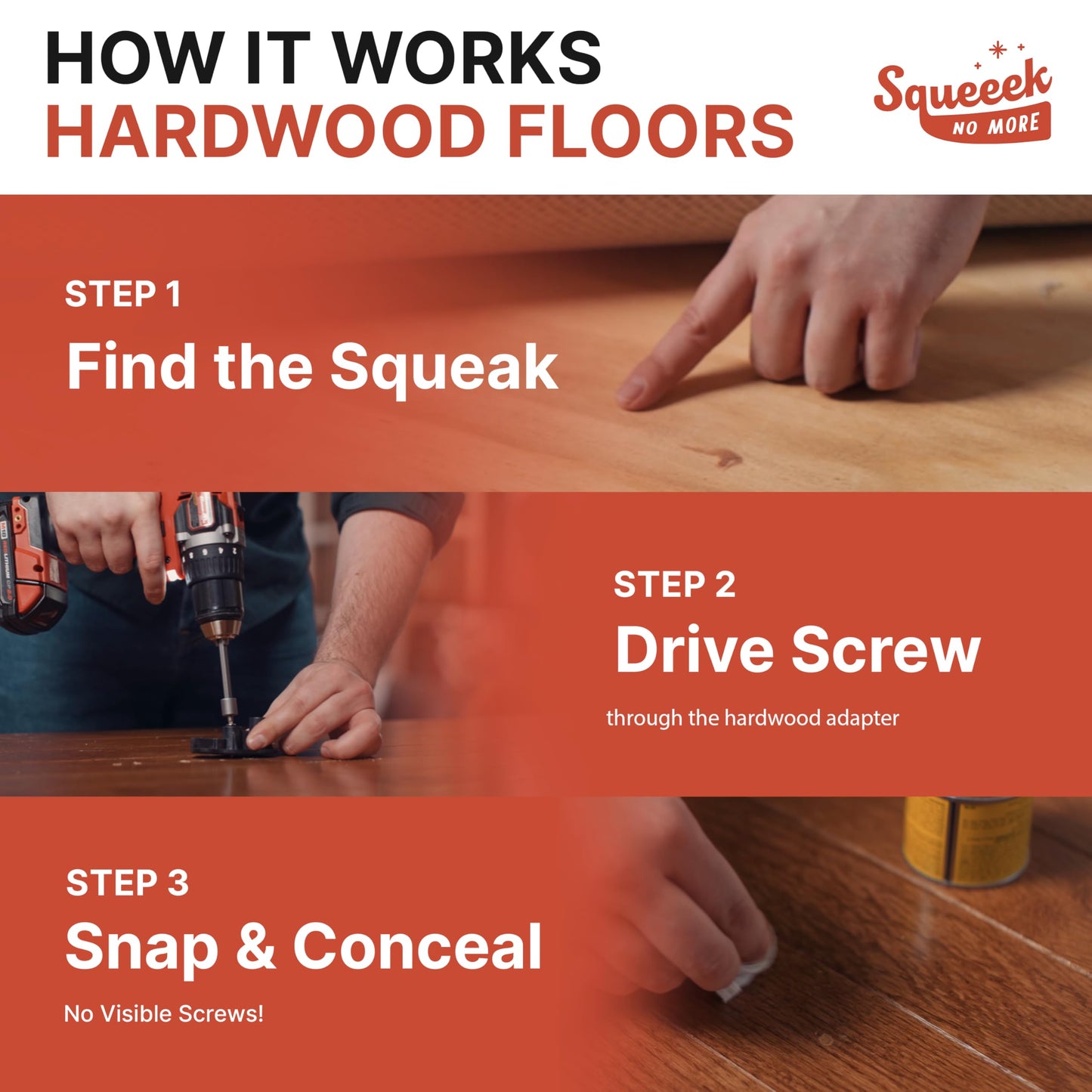 SQUEEEK NO MORE Floor Squeak Repair Kit – Hardwood, Carpet, Vinyl & Linoleum, Includes Joist Finder, Drill Bits & 50 Screws