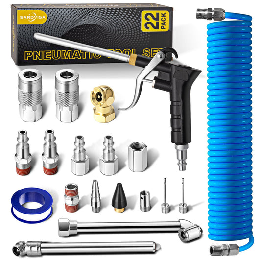 SARDVISA 22-Piece Air Compressor Accessory Kit with 25FT PU Hose, Air Blow Gun, Tire Gauge, Air Chuck & Pneumatic Tool Set