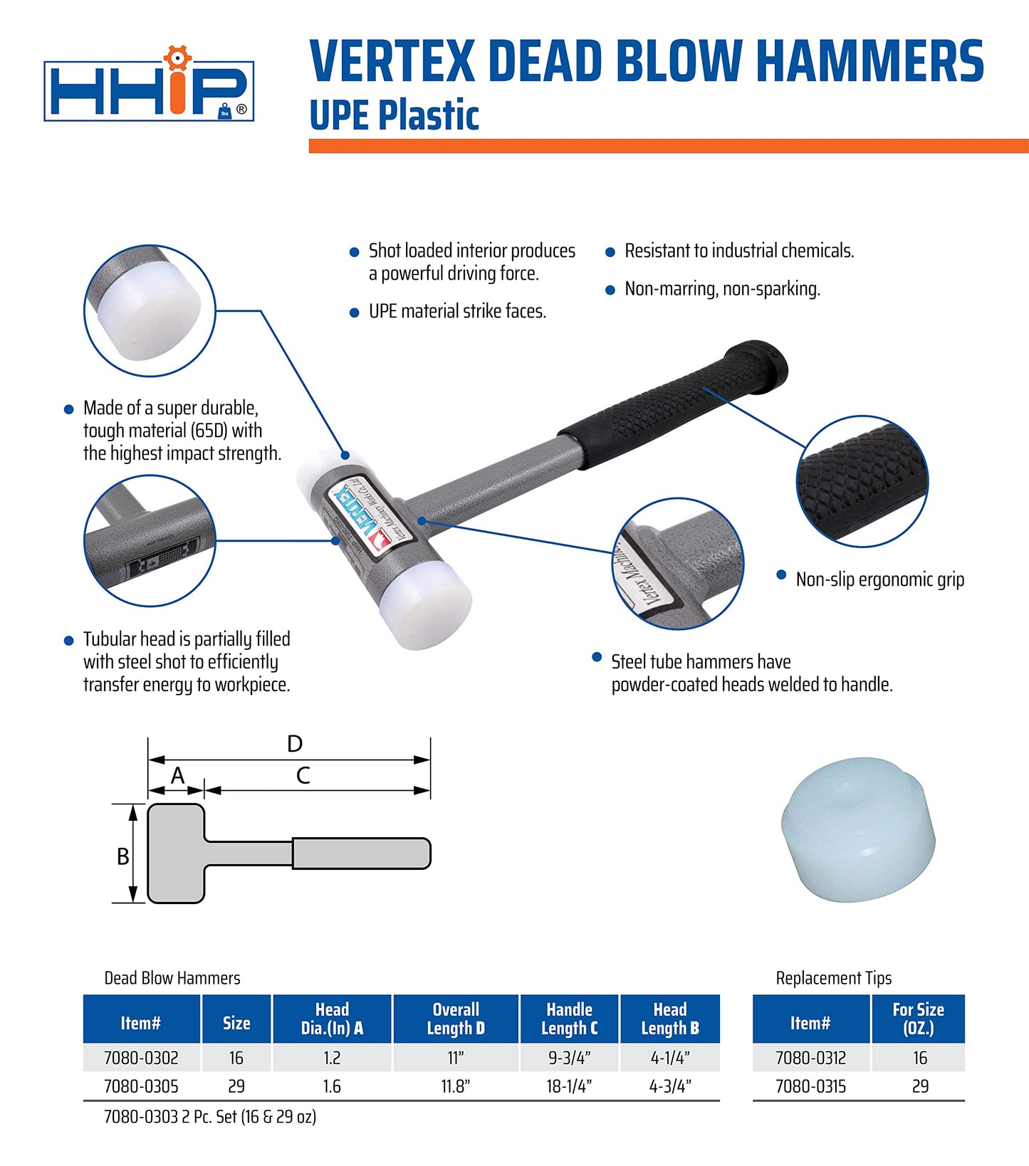 HHIP Pro Series 7080-0302 Vertex Dead Blow Hammer, Deadblow Mallet w/UPE Plastic Face, 1.2” Diameter Steel Shot Head, Non-Marring, 16 oz