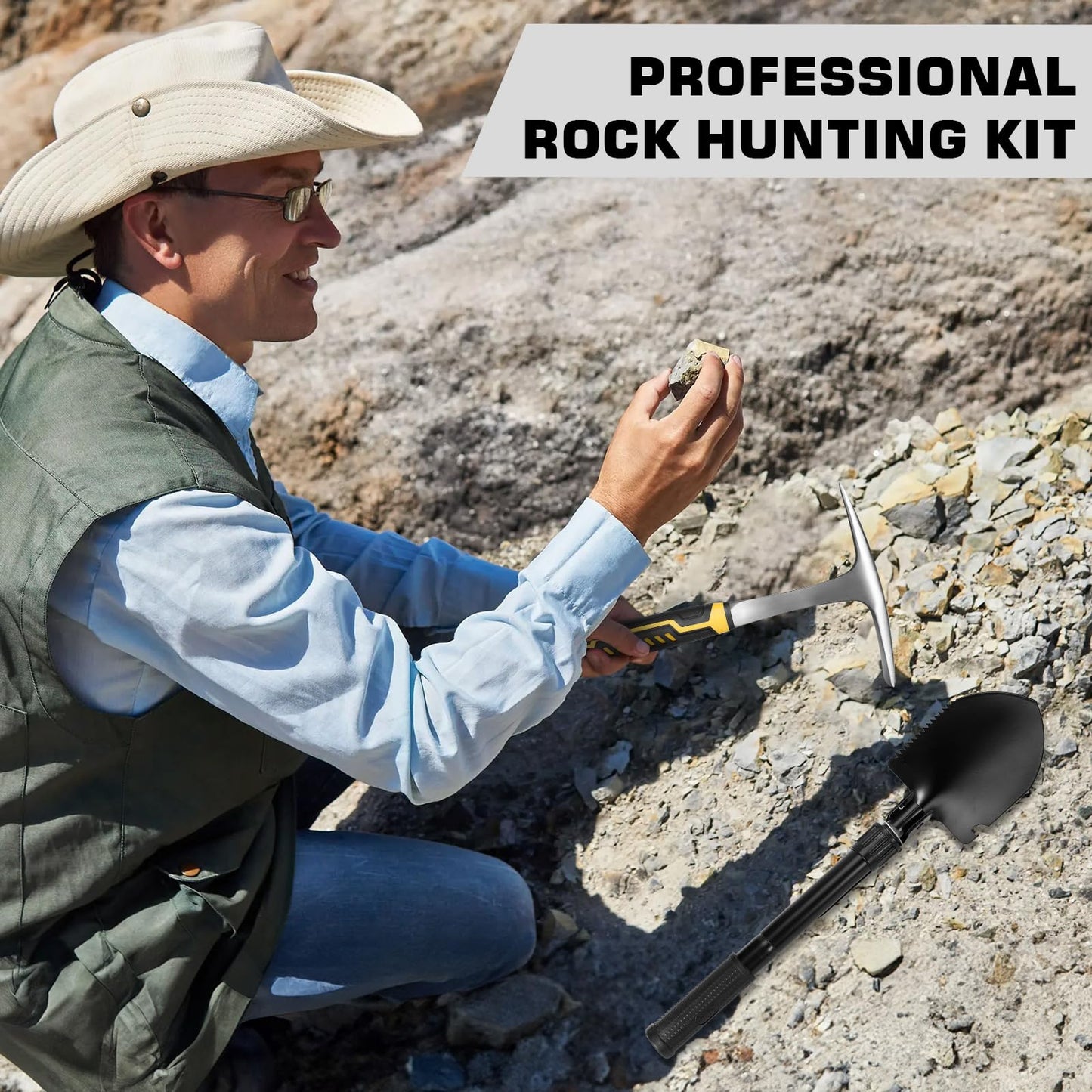 26oz Geologist Rock Pick Kit with 12" Folding Shovel, Multitool, Survival Bracelet, Safety Glasses, Loupe & Gloves for Gold Prospecting