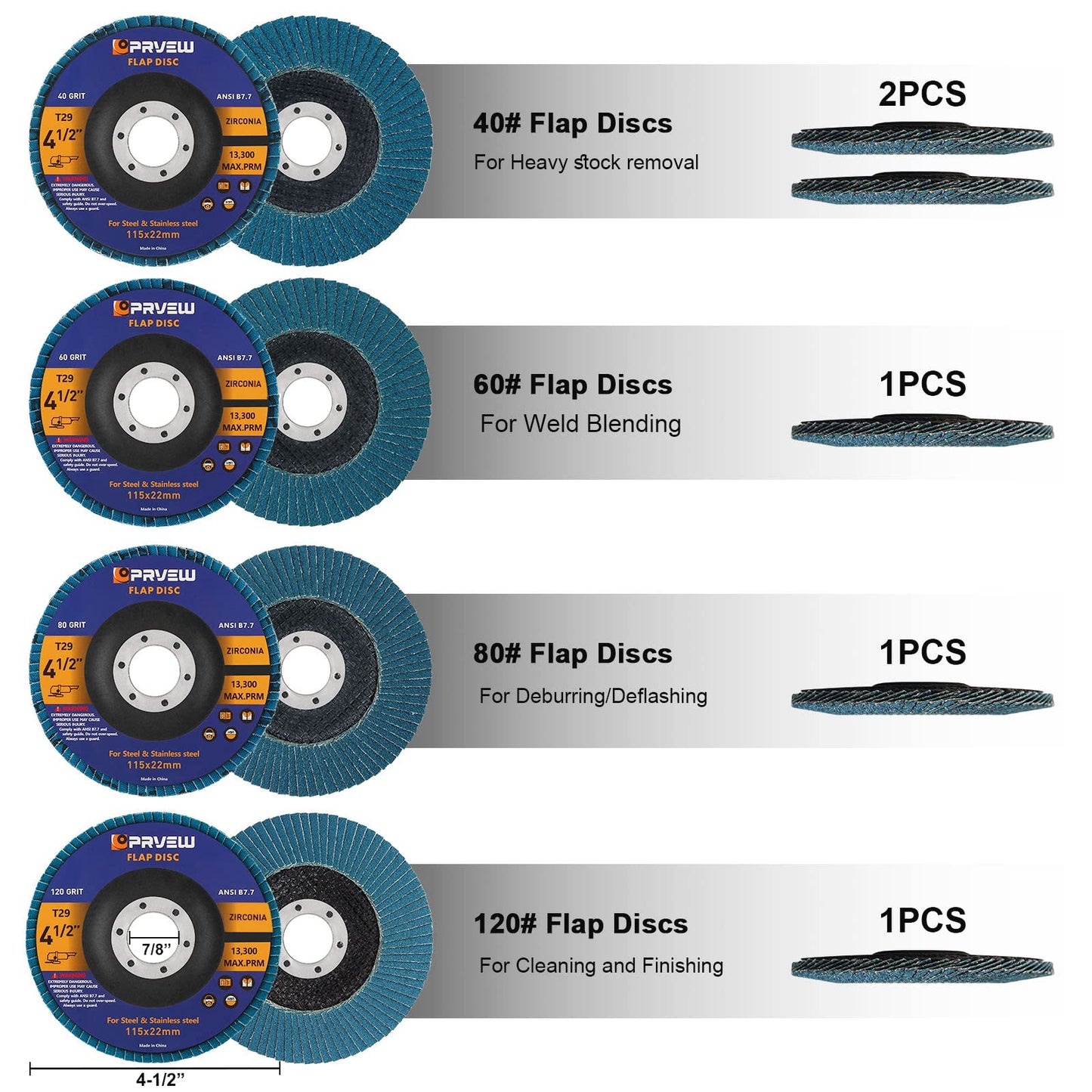 PRVEW 4.5" Flap Discs 5-Pack, T29 Zirconia Abrasive Grinding Wheels, 40/60/80/120 Grit for Metal & Stainless Steel