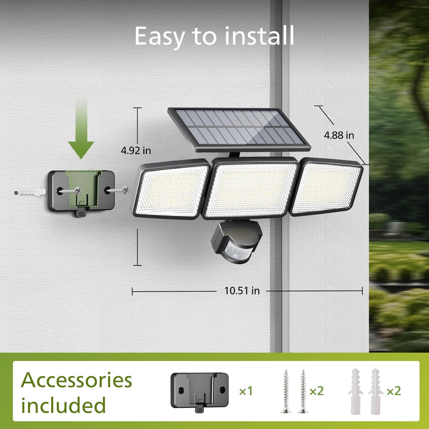 Philips 302 LED Solar Security Light 1200lm, Outdoor Waterproof Floodlight w/ PIR Motion Sensor, 3 Heads, 3 Modes, 2-Pack