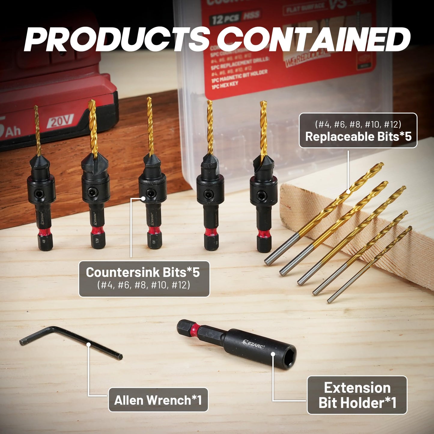 EZARC 12-Piece Adjustable Countersink Drill Bit Set, #4-#12, Magnetic Extension Holder, Woodworking Bits with Storage Box