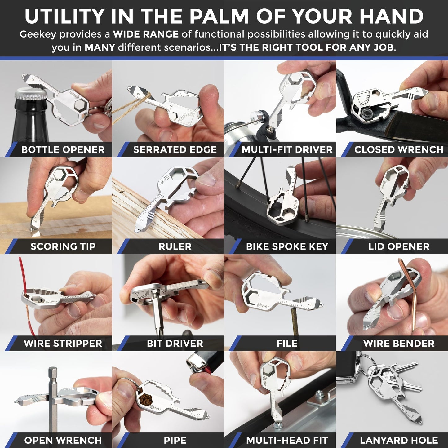 Geekey 16-in-1 Keychain Multitool – EDC Bottle Opener, Screwdriver, Wrench & Box Cutter for Travel, Outdoor & Everyday Use, TSA Safe