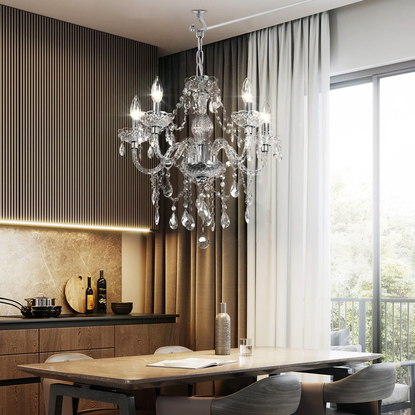 PAPAYA 5-Light Crystal Pendant Chandelier, Acrylic Hanging Light with Clear Cord & Switch, 19"H x 19.7"D, for Kitchen, Dining, Bedroom