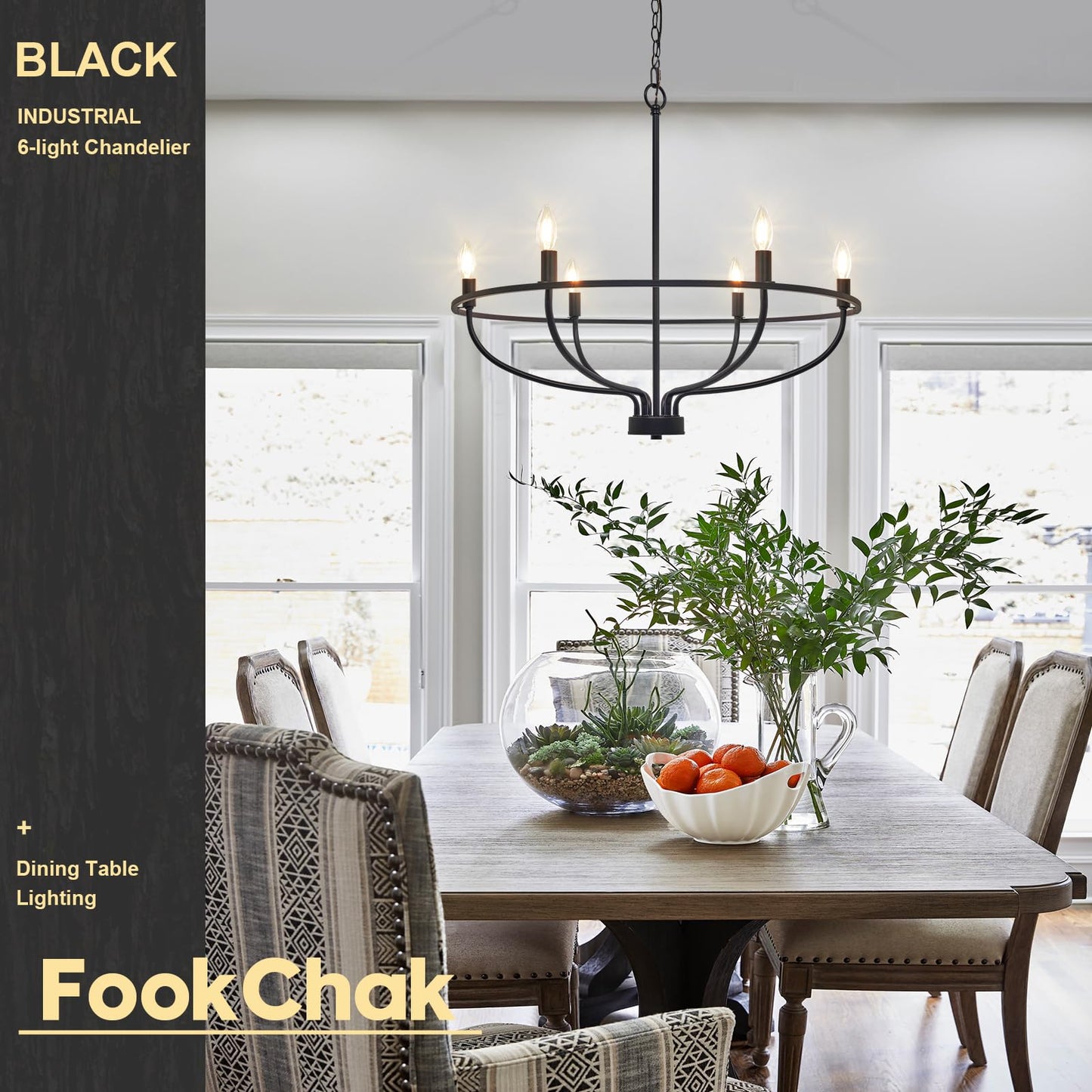 **FookChak 6-Light Farmhouse Black Chandelier, Metal Candle Dining Room Light Fixture for Kitchen, Living Room, Bedroom, Entryway, 28.54in**