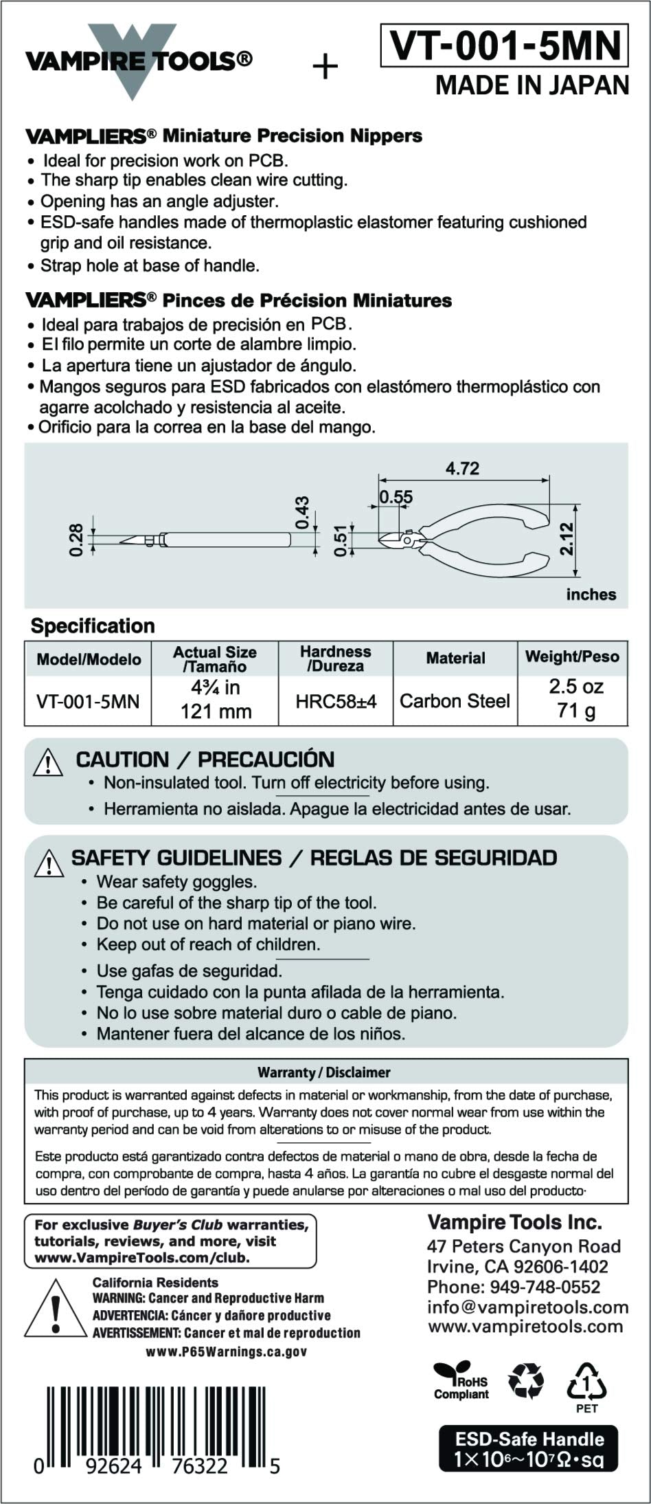 VAMPLIERS 4.75" Precision Flush Cutters, Made in Japan, Professional Mini Side Cutting Pliers for Circuit Board, Wire Cutting & Electronics Repair