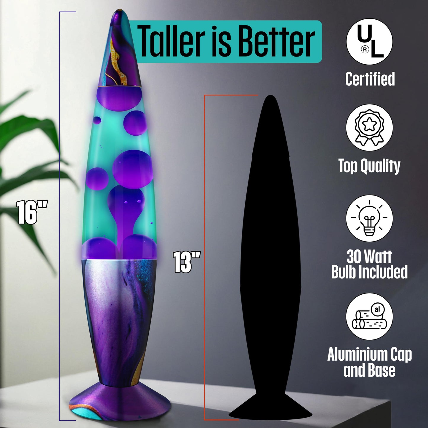 JAMBO 16” Magma Motion Lamp, Teal with Purple Wax – Relaxing Retro Liquid Night Light for Bedroom, Living Room & Office