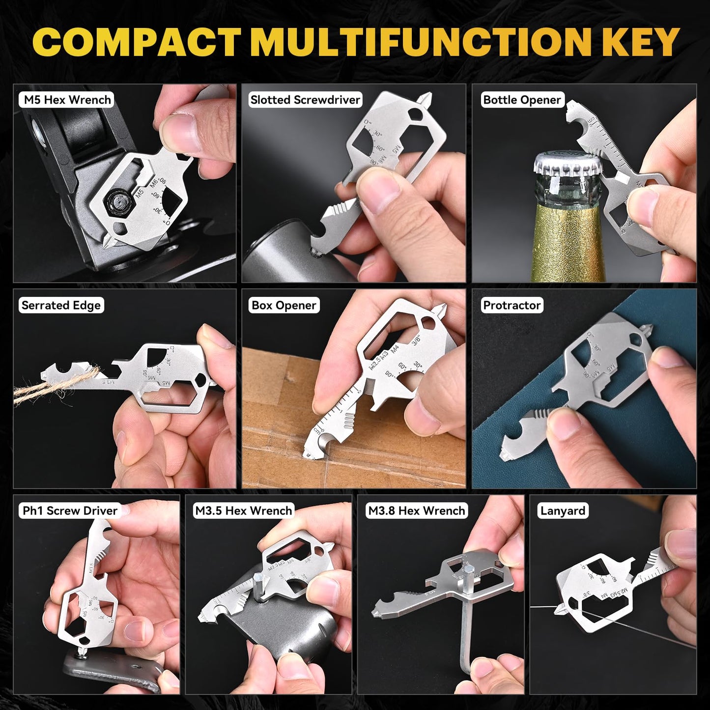Key-Shaped Pocket Multitool 20-in-1, Stainless Steel Keychain Utility Gadget, Compact EDC Tool Gift for Men & Women (Black)