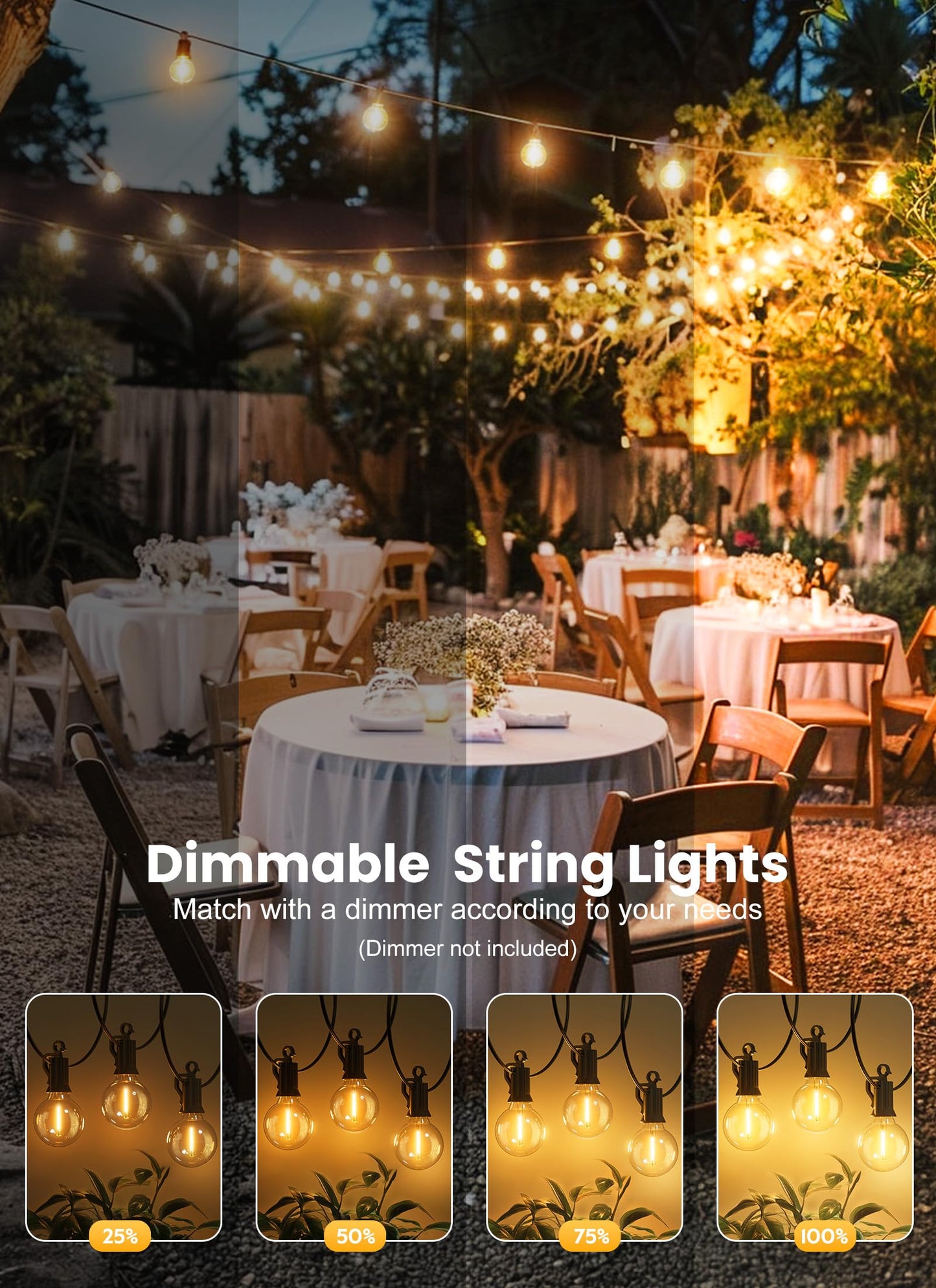 Brightown 50FT Outdoor String Lights with 25 G40 LED Bulbs, Shatterproof IP65 Waterproof, Dimmable Connectable Patio Globe Lights