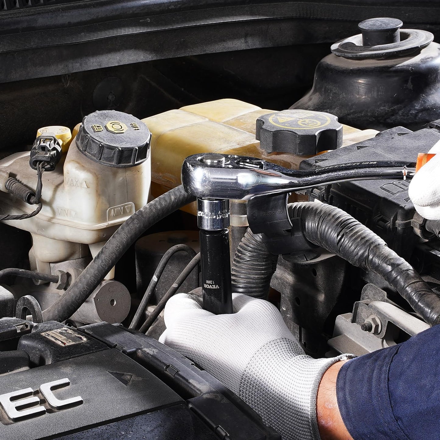 VEVOR 48-Piece 3/8" Drive Impact Socket Set, SAE & Metric, Deep & Shallow, 6-Point, CR-V with Extension, Universal Joint & Reducer