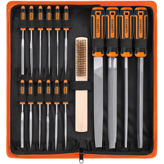 REXBETI 25-Piece Metal File Set with 12 Needle Files, Sandpaper, Brush & Gloves – Premium T12 Alloy Steel, Flat/Triangle/Round Files, Carry Case