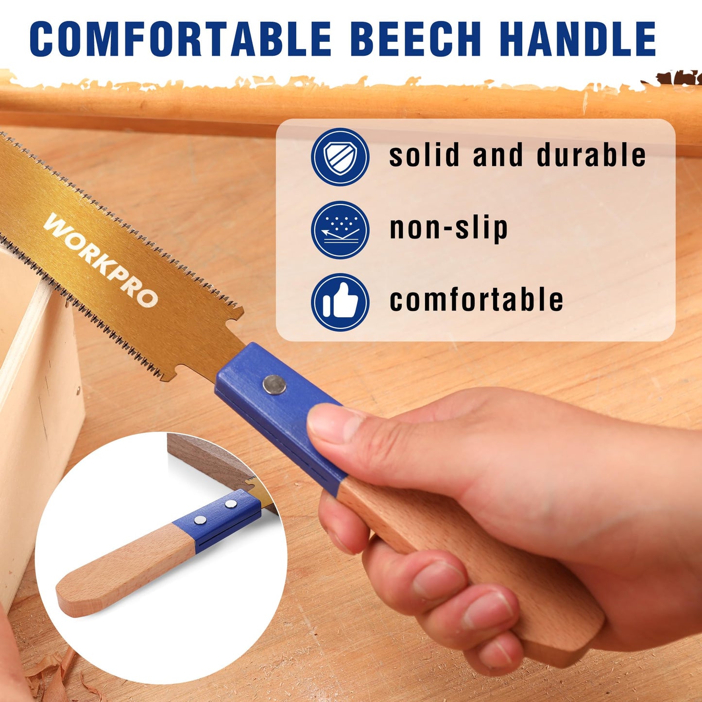 WORKPRO 6" Japanese Pull Saw, Double-Edged SK5 Blade, 14 & 17 TPI, Non-Slip Beech Handle, Narrow Head for Precision Wood Cutting