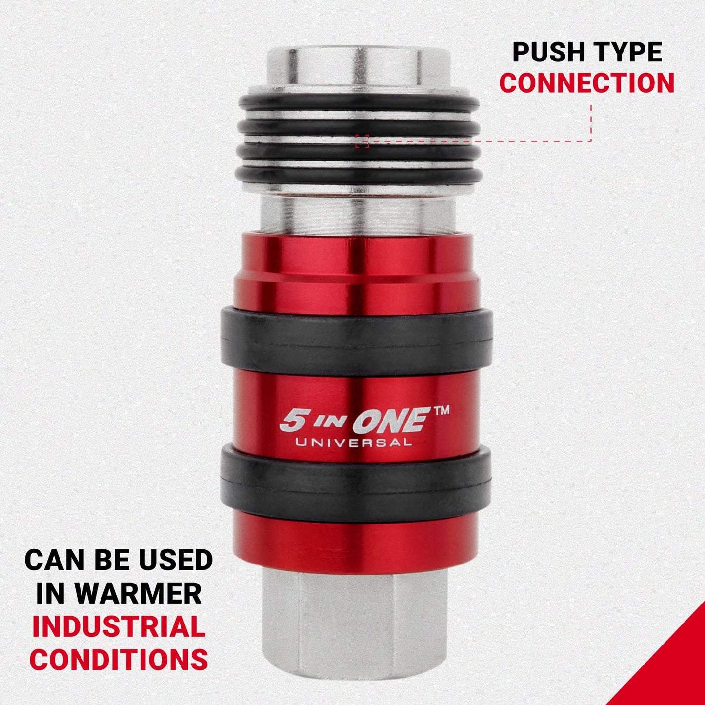 Milton 5 In ONE Universal Quick Connect Industrial Coupler, 1/4" Female NPT, Air Hose Connection, Safety Exhaust Coupler, Single, Red (S-1750)