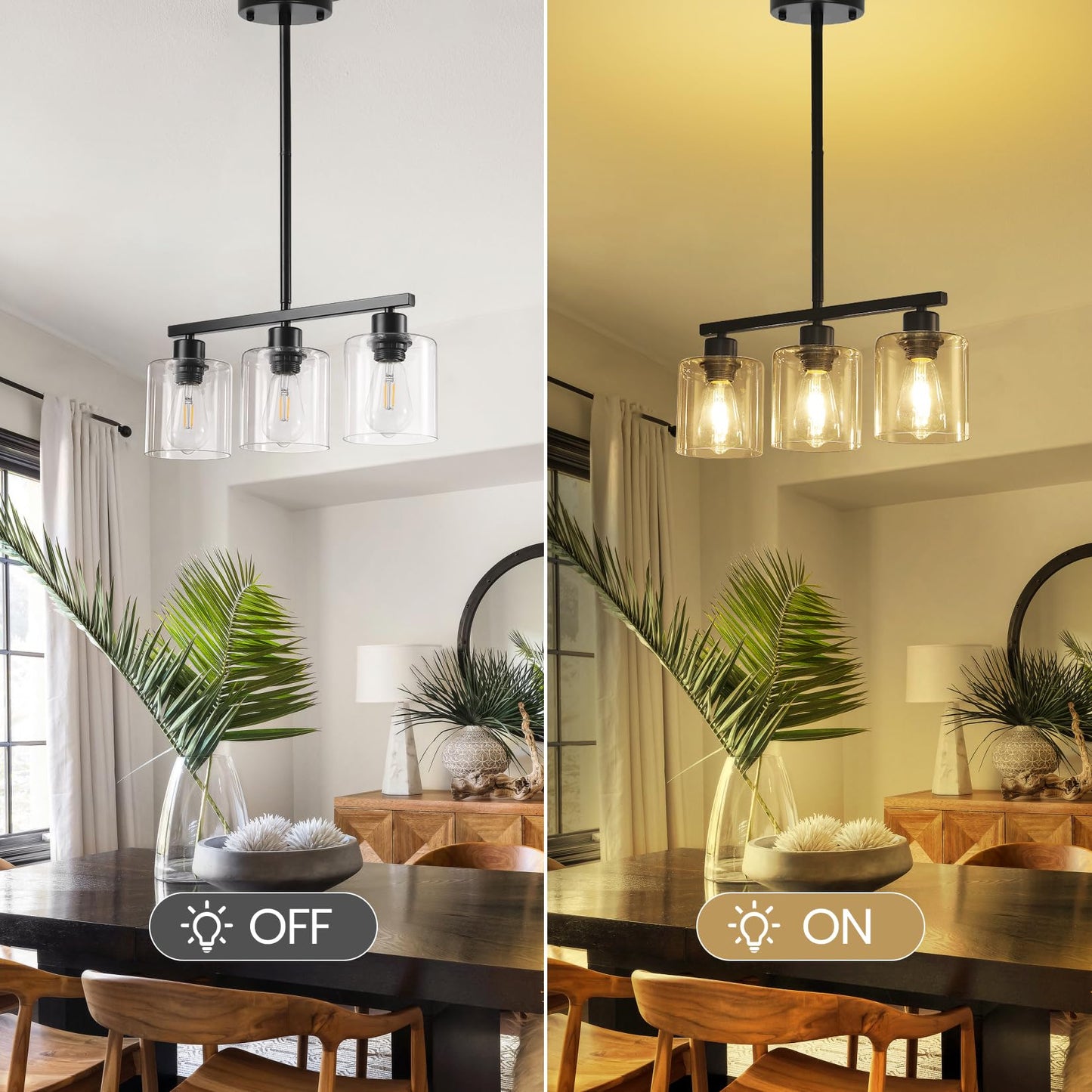 ROCUNSI 3-Light Kitchen Island Pendant Light, Black Farmhouse Hanging Fixture with Clear Glass Shades, E26 Base (Bulbs Not Included)