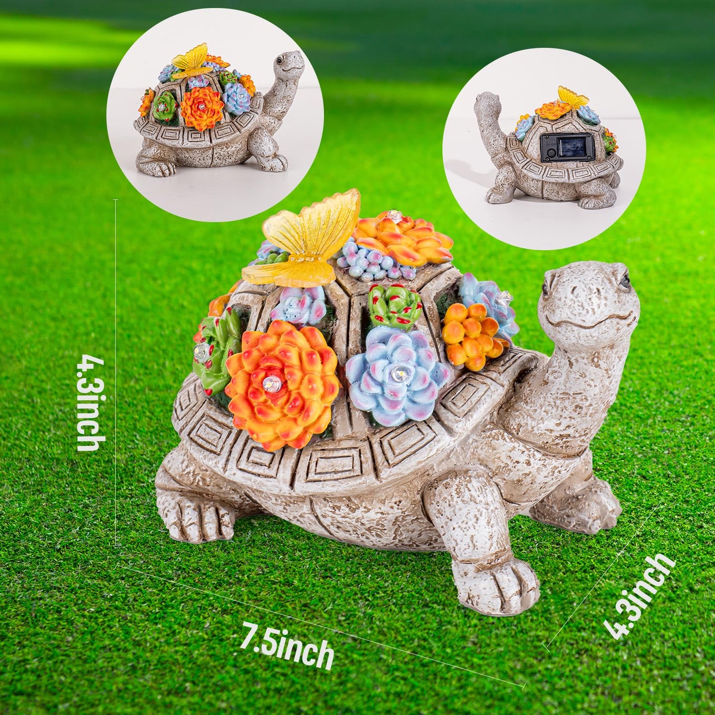 YDKOJGW Solar Garden Tortoise Statue with Succulents & 7 LED Lights – Outdoor Lawn, Patio, Balcony Decor, Unique Gift (Gray)