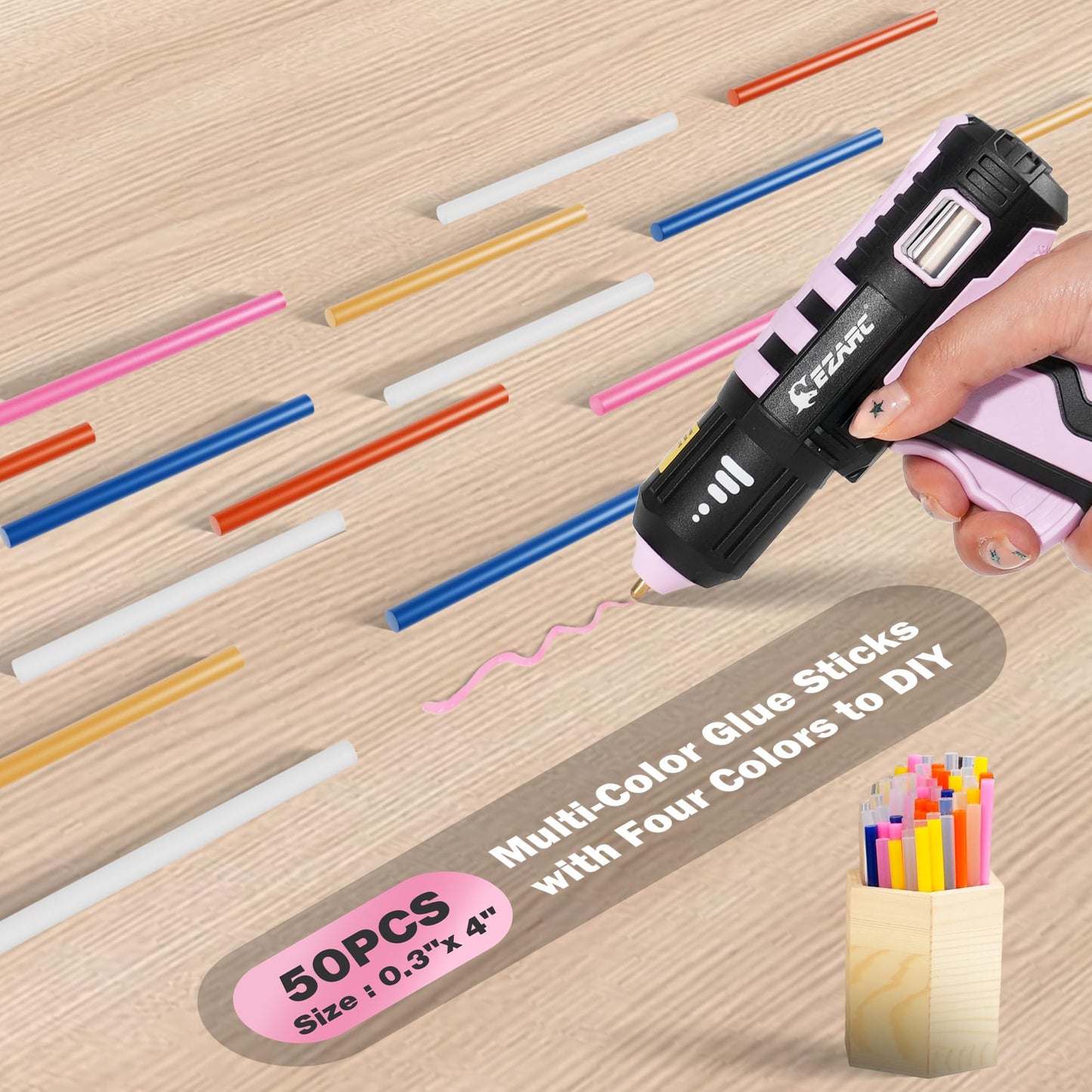 EZARC 12V Cordless Mini Hot Glue Gun, 15s Fast Heating for DIY Crafts, Home Repairs & School Projects, Includes 50 Pink Glue Sticks