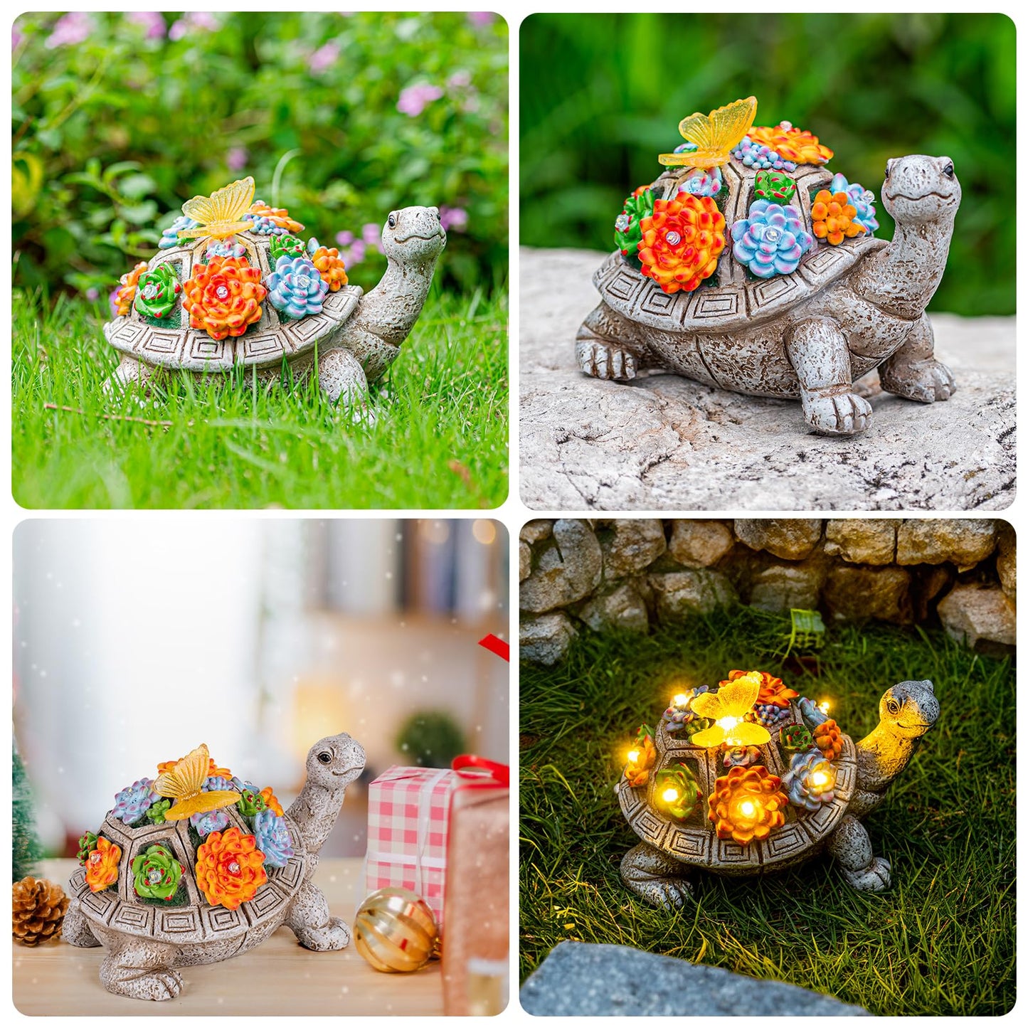 YDKOJGW Solar Garden Tortoise Statue with Succulents & 7 LED Lights – Outdoor Lawn, Patio, Balcony Decor, Unique Gift (Gray)