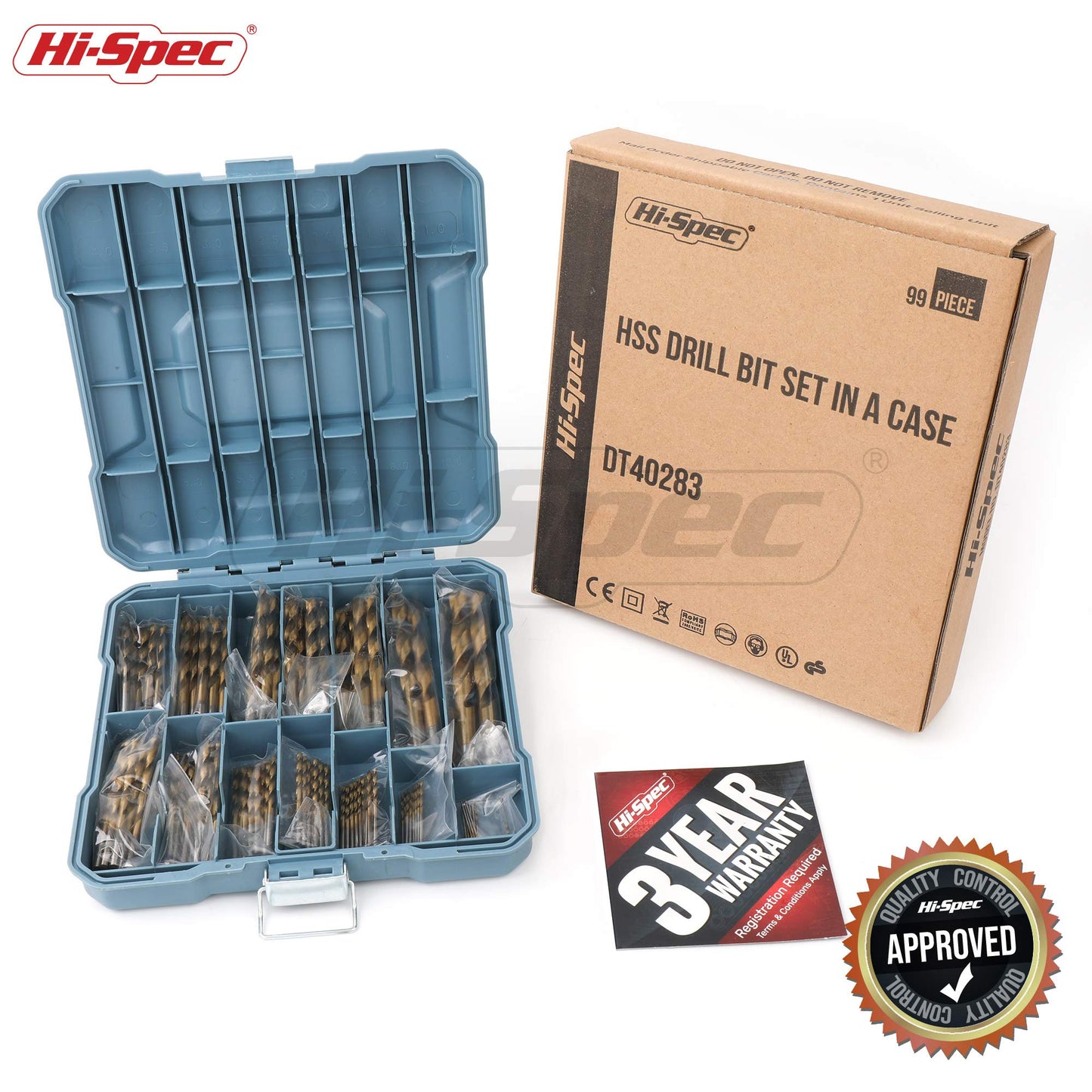 Hi-Spec Tools 99pc HSS Drill Bit Set SAE 1/16–3/8" for Metal, Wood, Plastic & Drywall with Storage Case