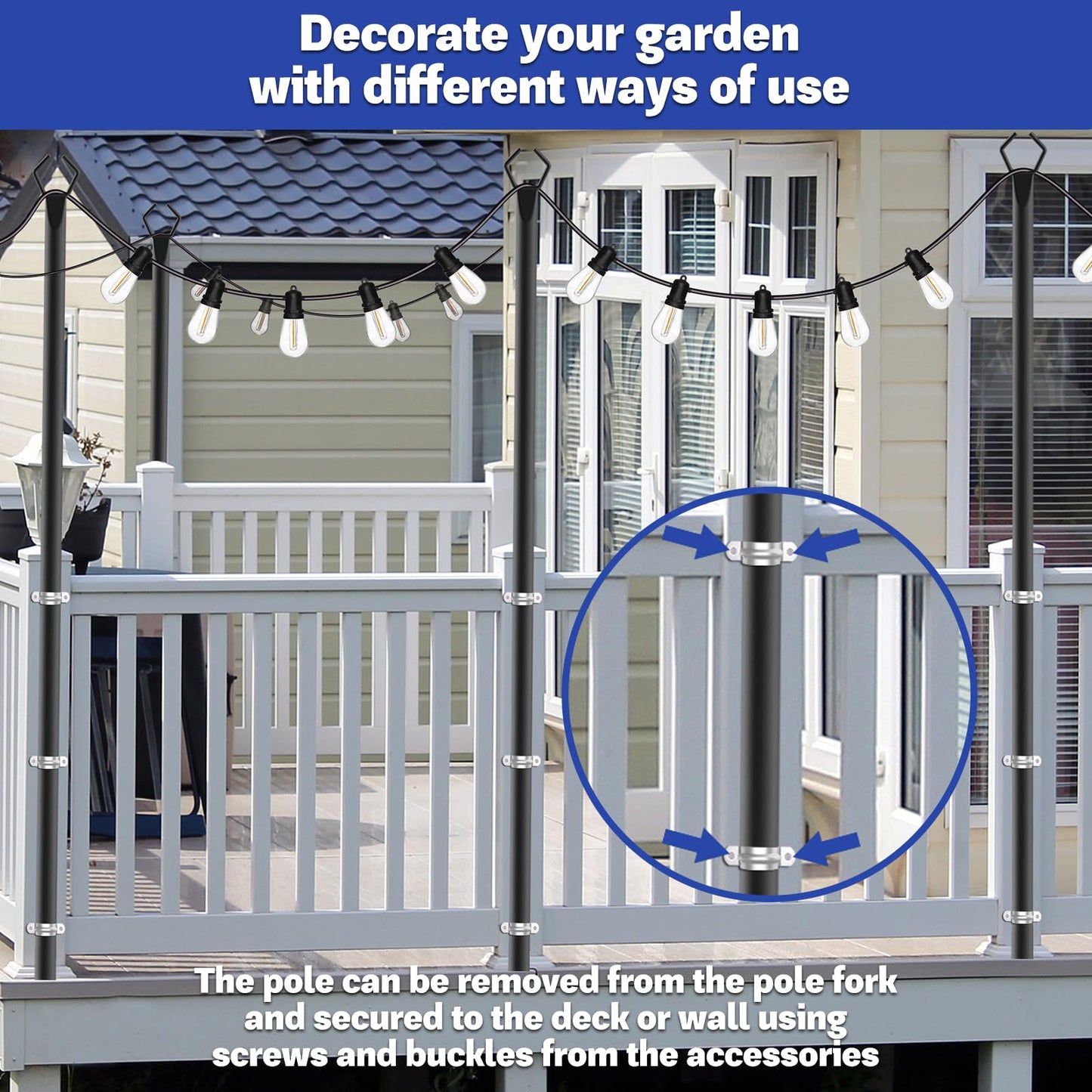 6 Pack 10FT Heavy Duty Metal String Light Poles, Adjustable Outdoor Lighting Stands for Patio Backyard Garden, Rustproof with Hooks