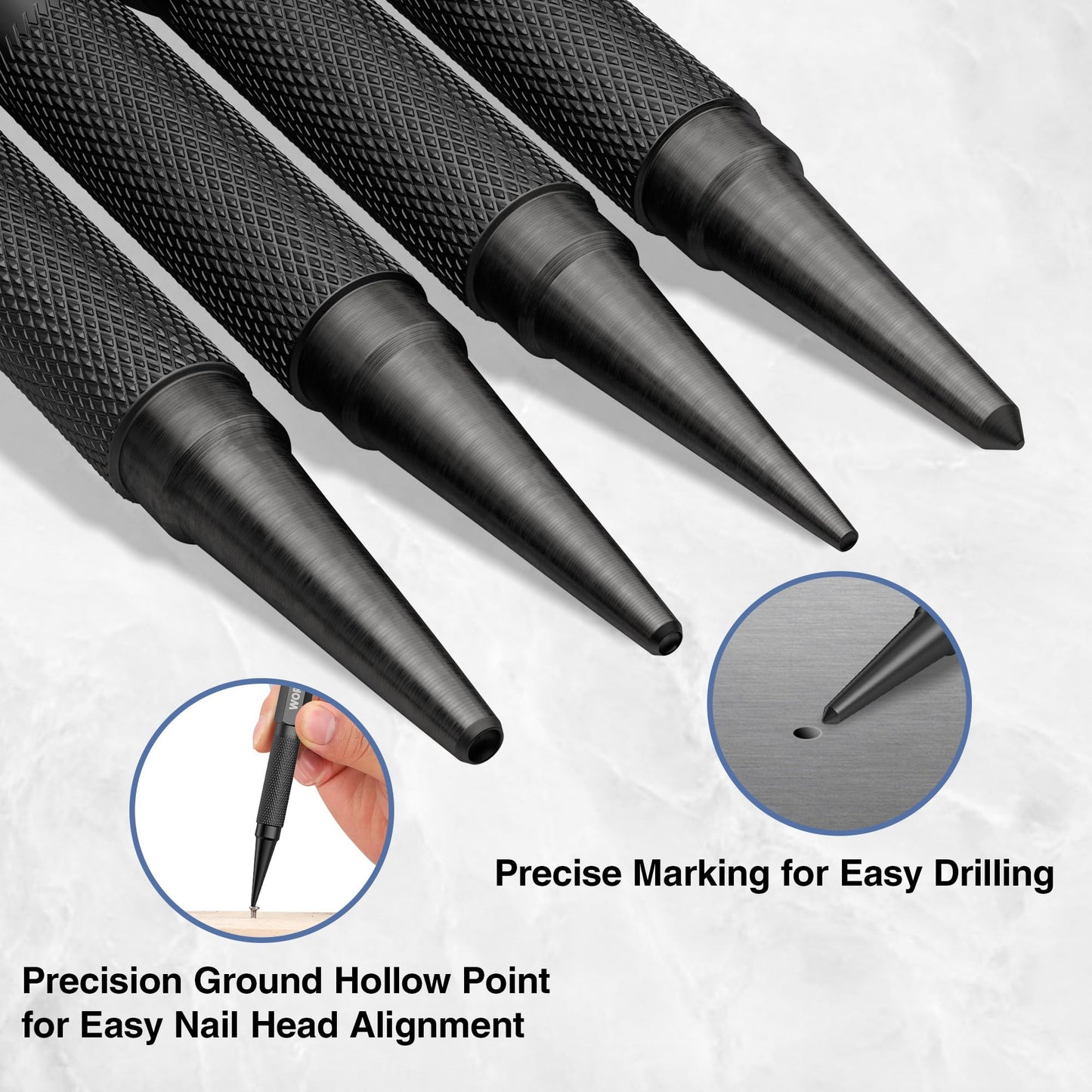 WORKPRO 4-Piece Nail Punch and Center Punch Set, Hardened Cr-V Steel with Knurled Grip,1/32", 1/16", 3/32" Nail Setter & 1/32" Center Punch Tool