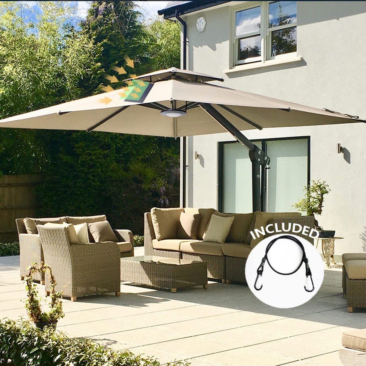 happetite Solar Powered LED Patio Umbrella Light, Black, 6000K Cool White, ABS Material, 1 Year Warranty