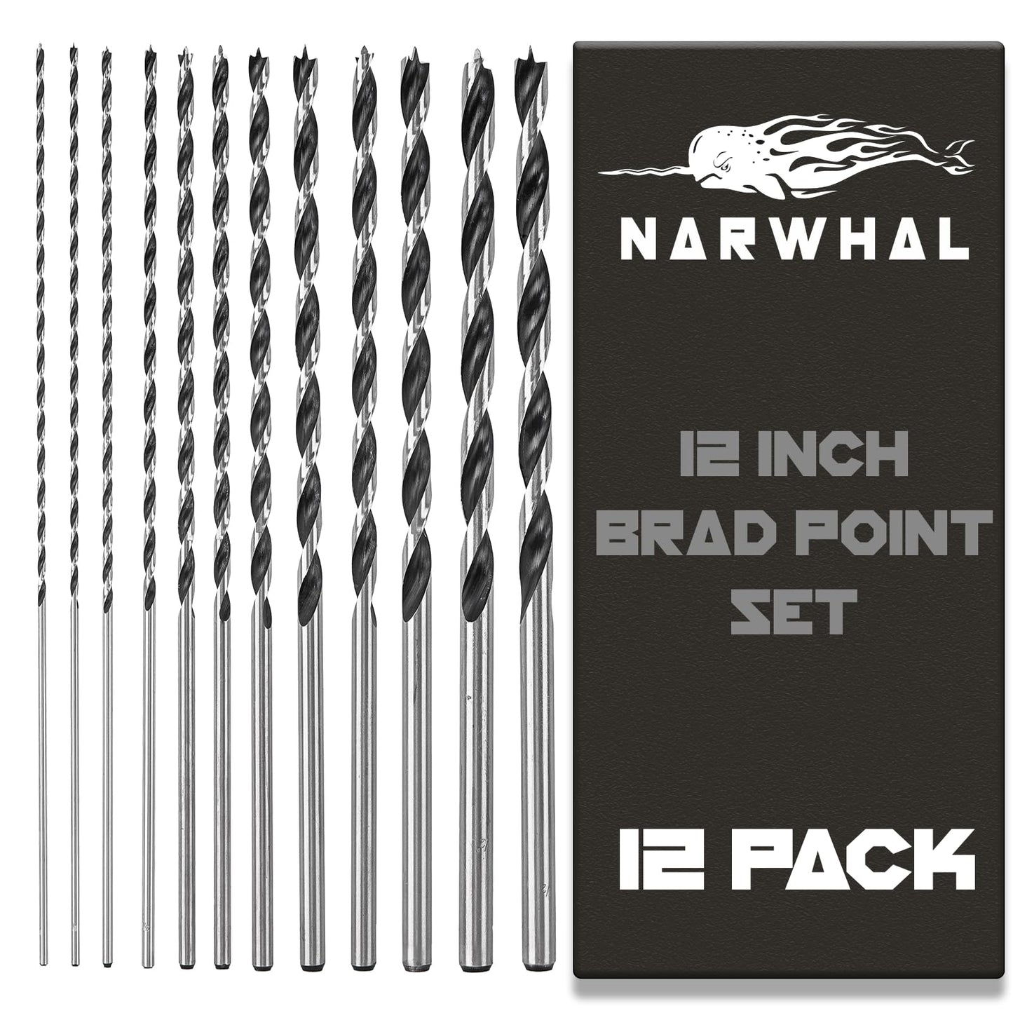 12-Pack Extra Long Brad Point Wood Drill Bits, 12" Length, 1/8"–1/2", Precision Splinter-Free Drilling with Storage Sleeve