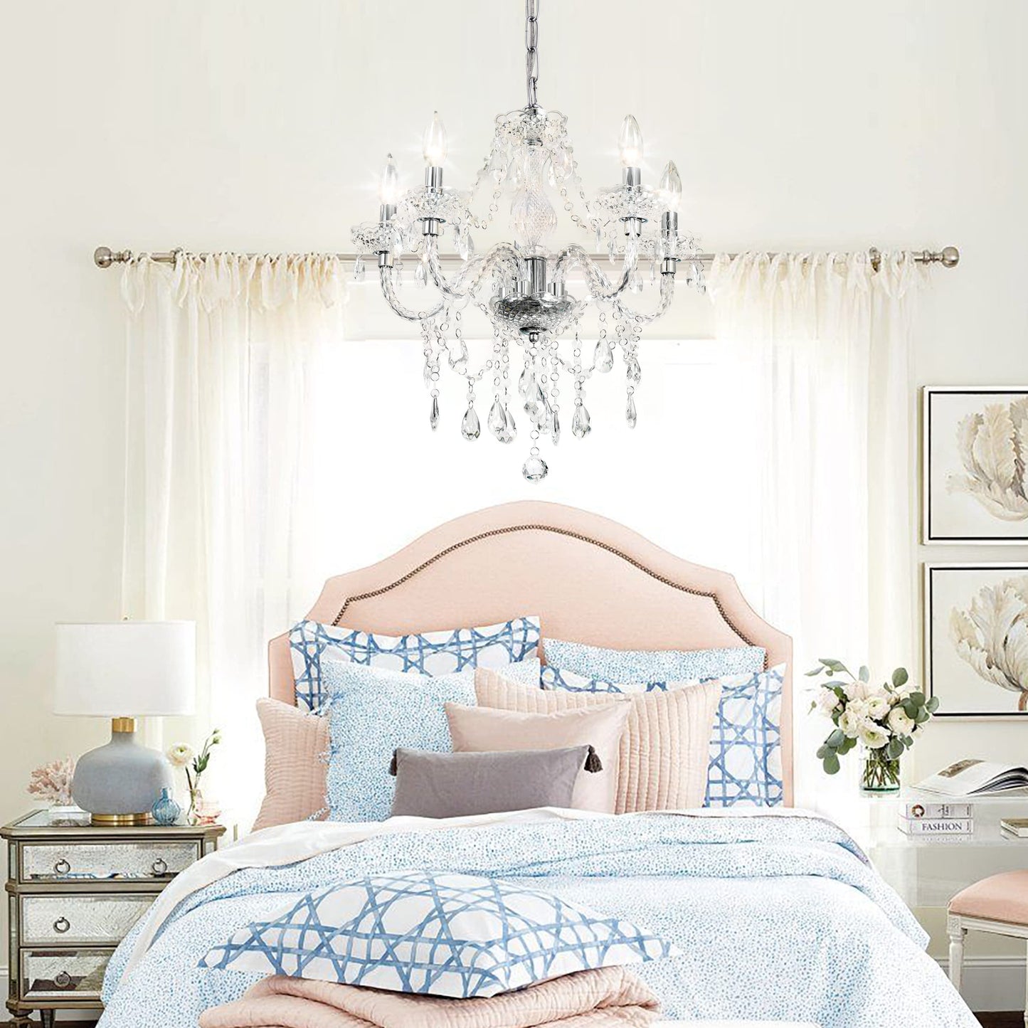 PAPAYA 5-Light Crystal Pendant Chandelier, Acrylic Hanging Light with Clear Cord & Switch, 19"H x 19.7"D, for Kitchen, Dining, Bedroom